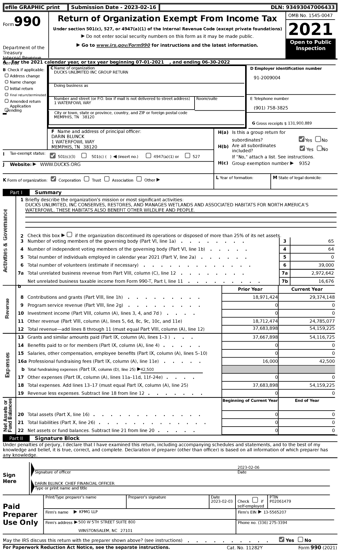 Image of first page of 2021 Form 990 for Ducks Unlimited - Group Return