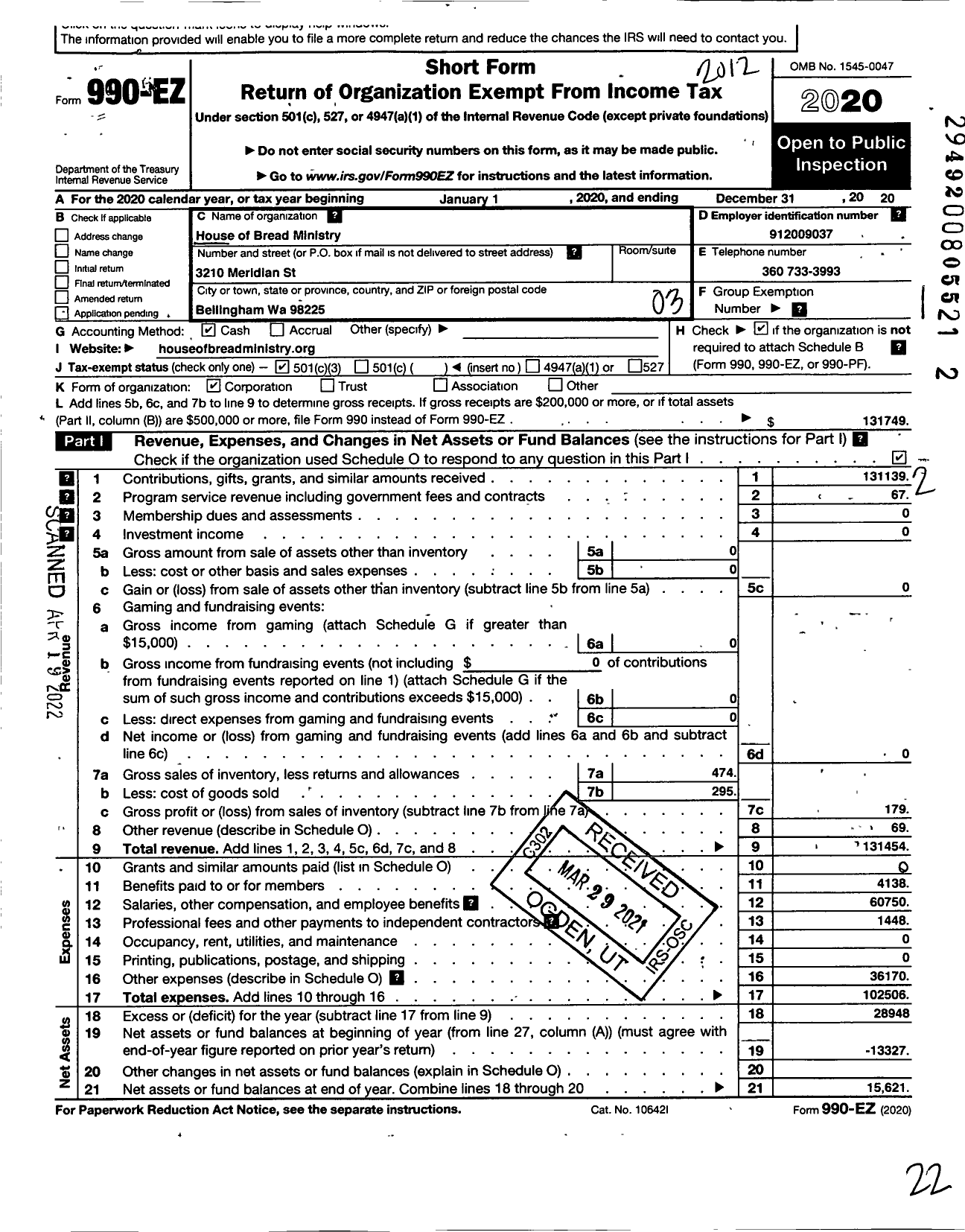 Image of first page of 2020 Form 990EZ for House of Bread Ministry