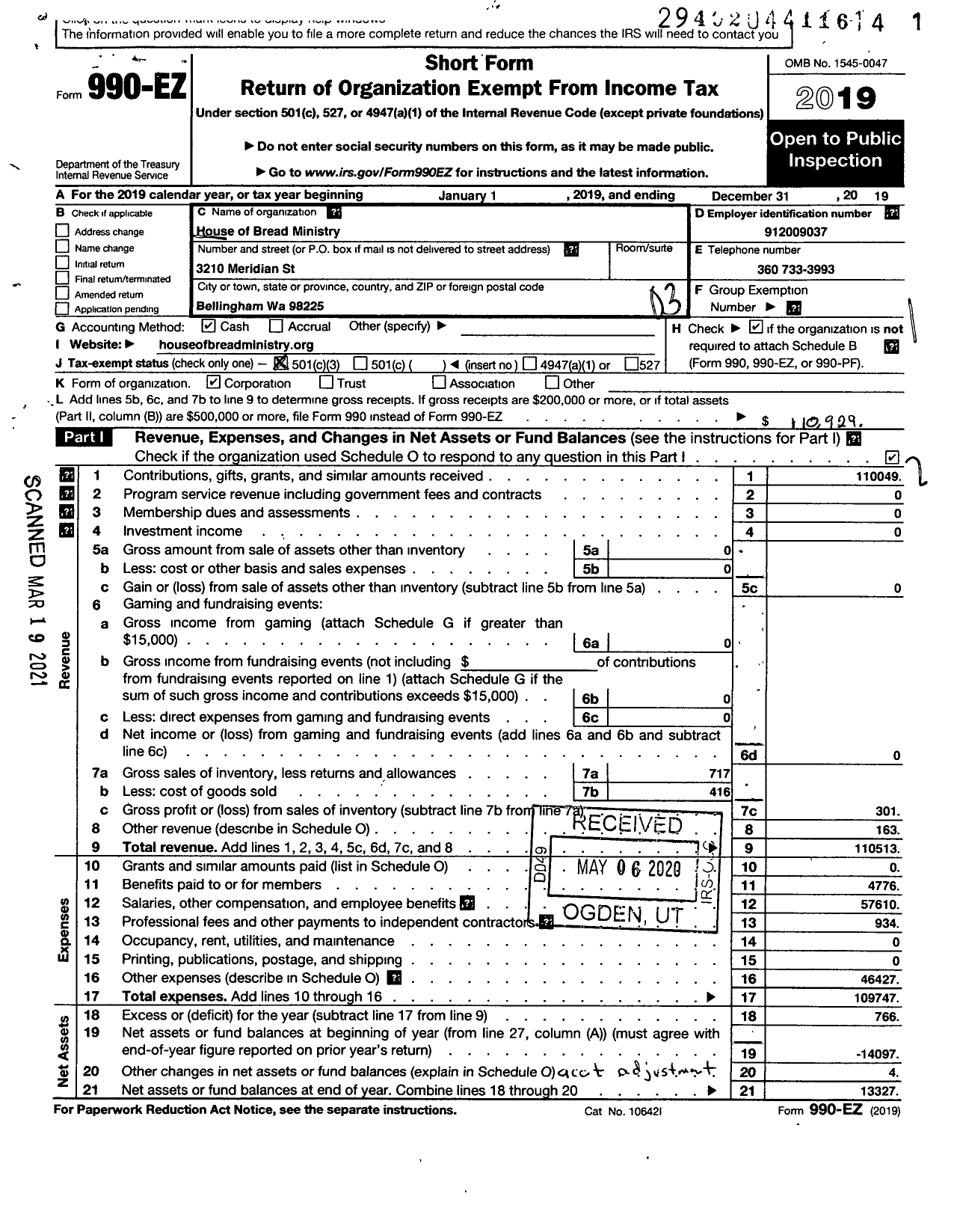 Image of first page of 2019 Form 990EZ for House of Bread Ministry