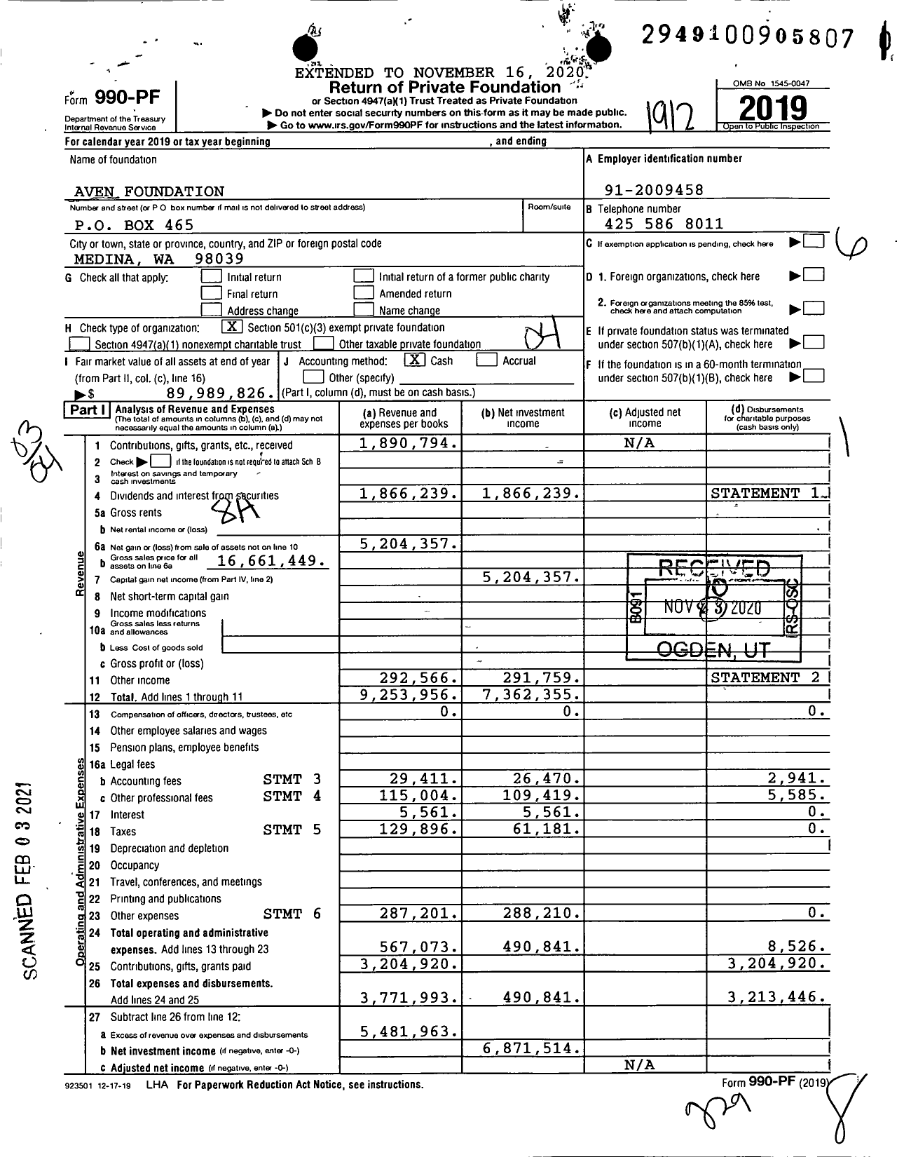 Image of first page of 2019 Form 990PF for Aven Foundation