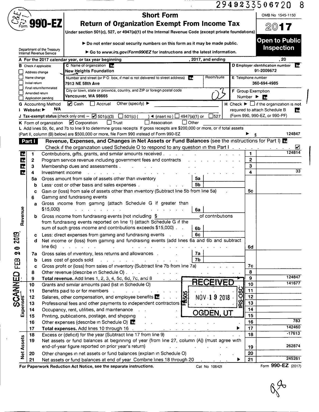 Image of first page of 2017 Form 990EZ for New Heights Foundation