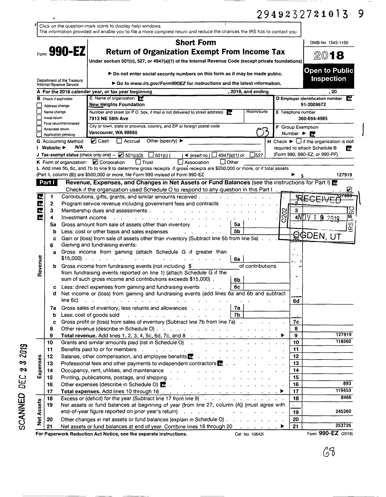 Image of first page of 2018 Form 990EZ for New Heights Foundation