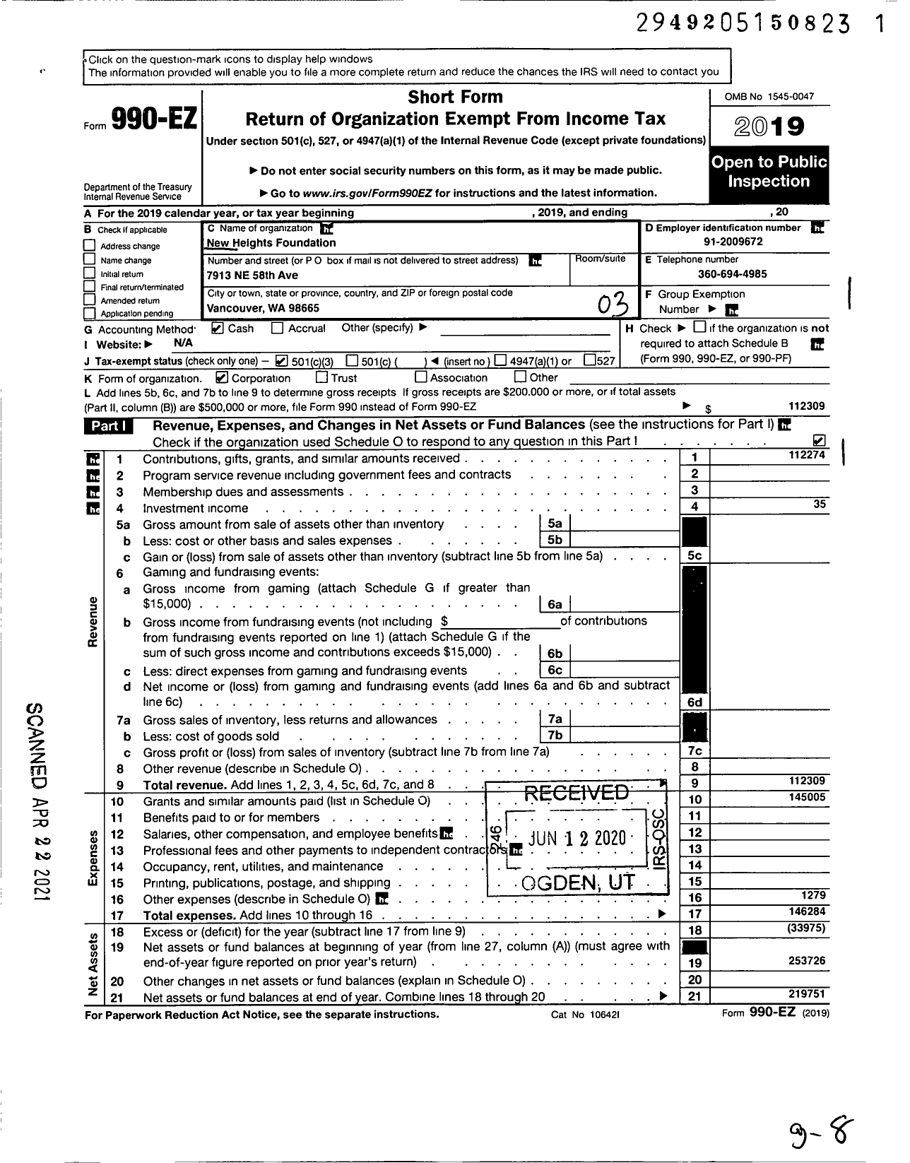 Image of first page of 2019 Form 990EZ for New Heights Foundation