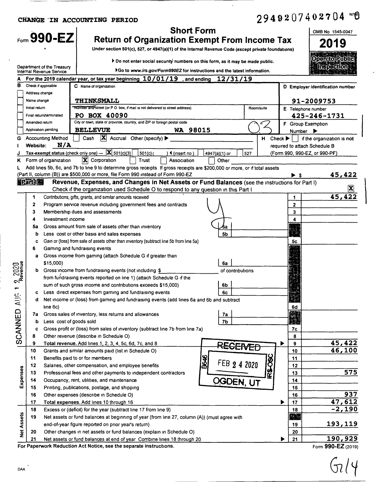 Image of first page of 2019 Form 990EZ for Thinksmall