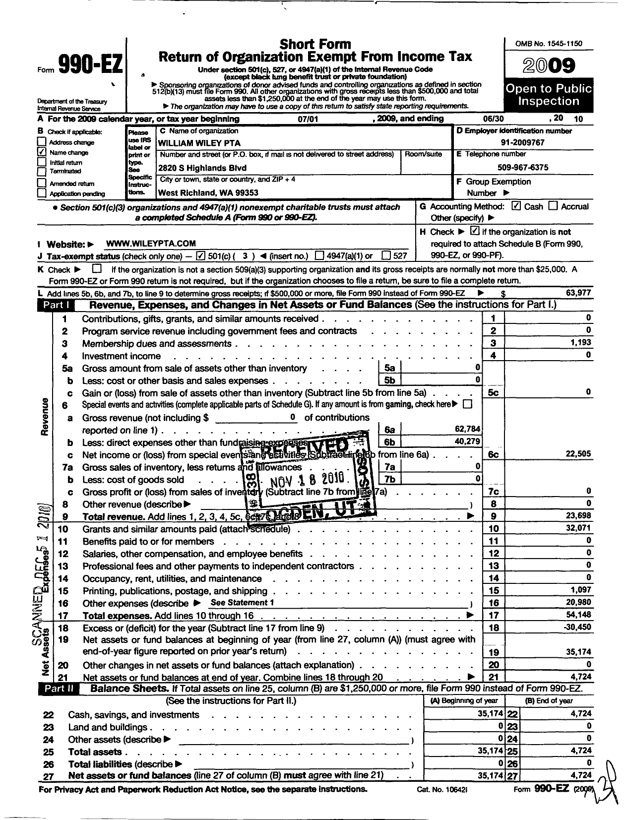 Image of first page of 2009 Form 990EZ for William Wiley PTA