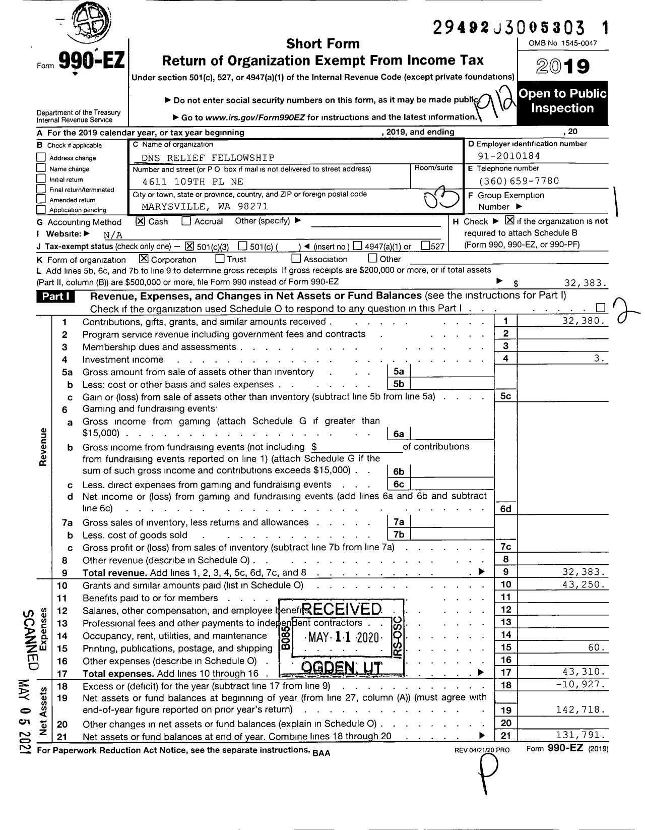 Image of first page of 2019 Form 990EZ for DNS Relief Fellowship