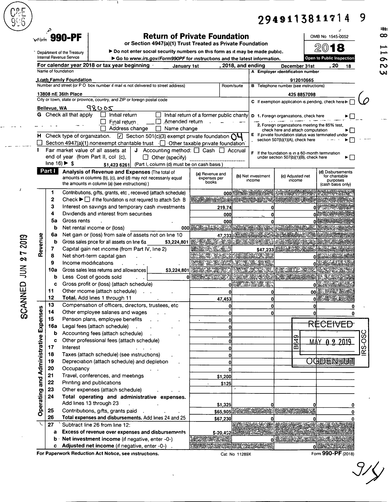 Image of first page of 2018 Form 990PF for Loeb Family Foundation