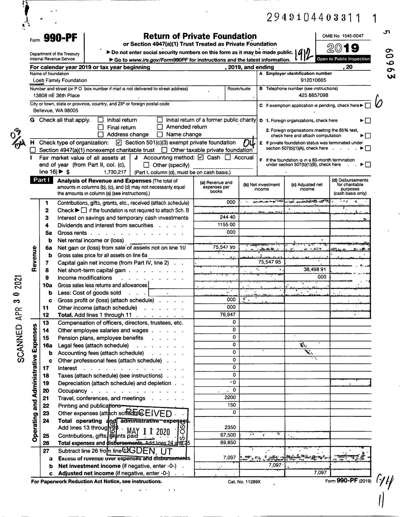 Image of first page of 2019 Form 990PF for Loeb Family Foundation