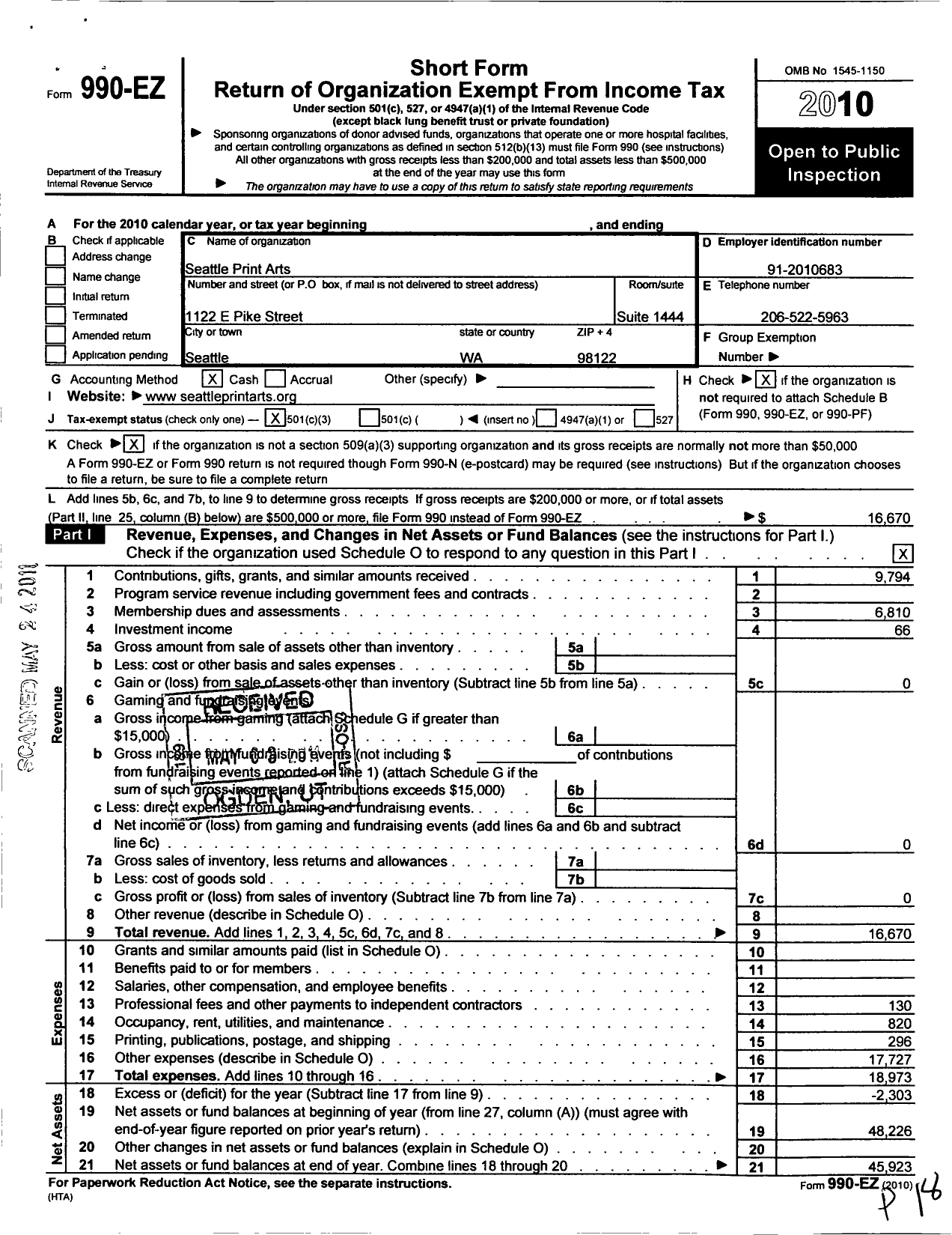 Image of first page of 2010 Form 990EZ for Seattle Print Arts