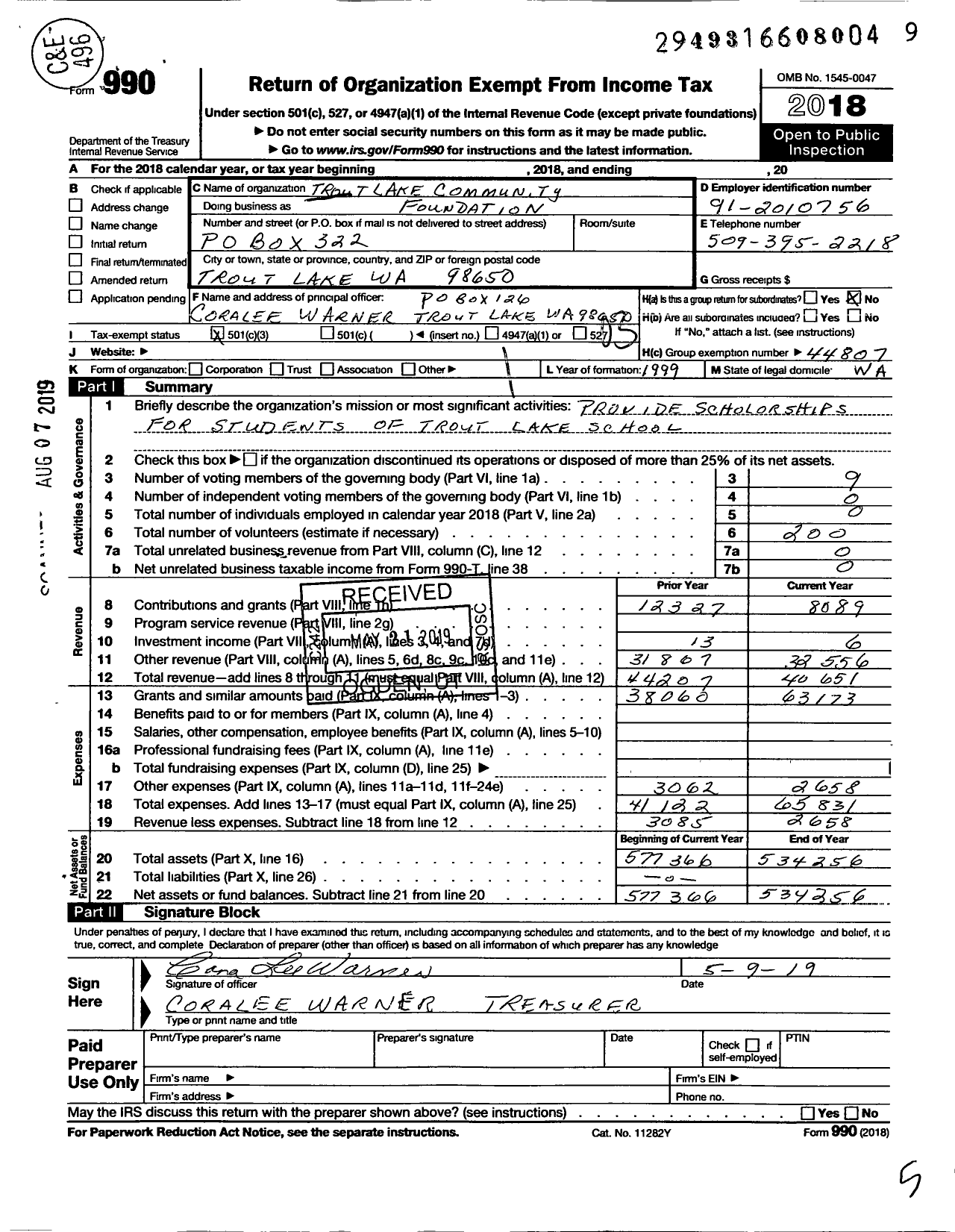 Image of first page of 2018 Form 990 for Trout Lake Community Foundation