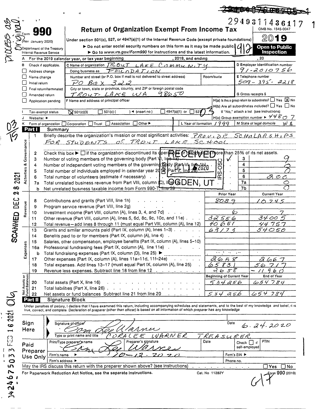 Image of first page of 2019 Form 990 for Trout Lake Community Foundation