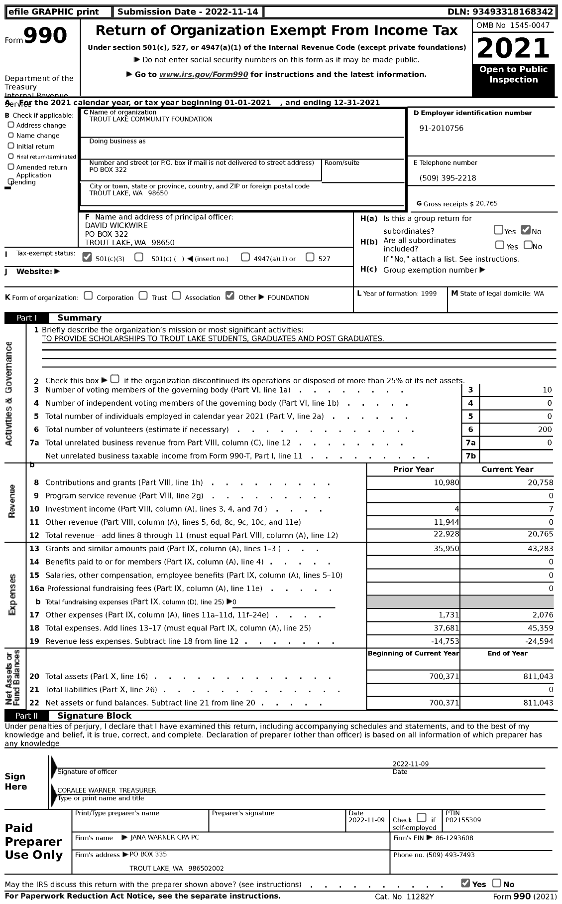 Image of first page of 2021 Form 990 for Trout Lake Community Foundation