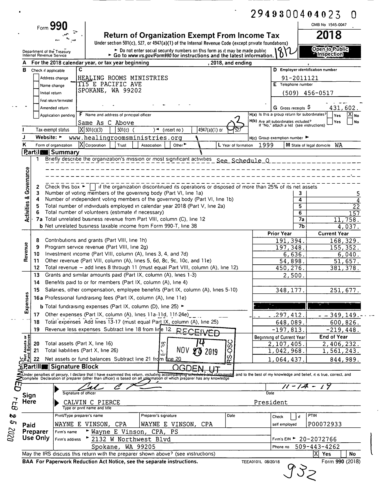 Image of first page of 2018 Form 990 for Healing Rooms Ministries