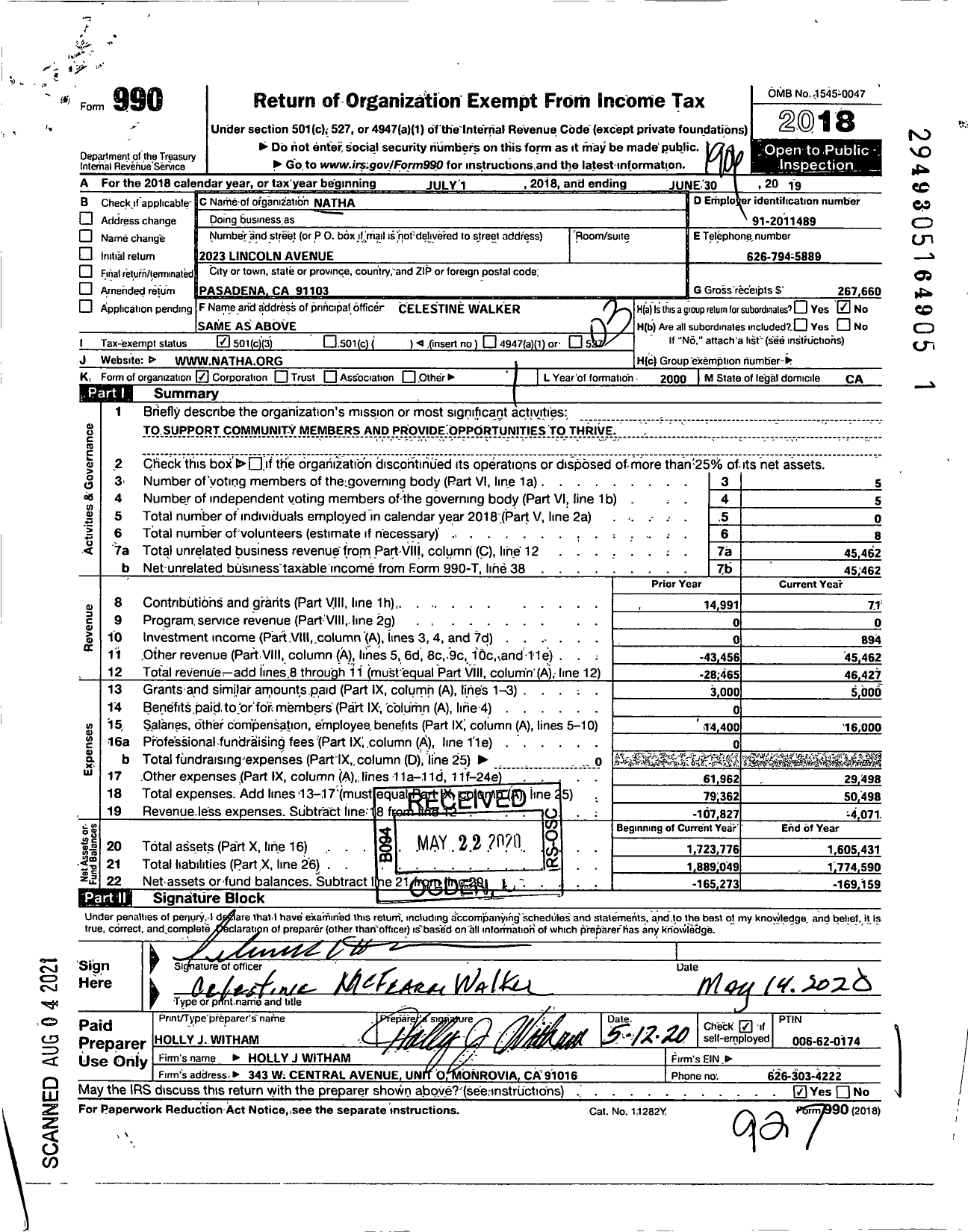 Image of first page of 2018 Form 990 for Natha