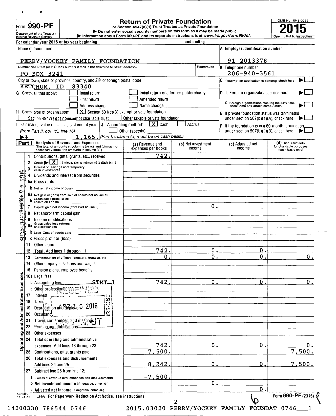 Image of first page of 2015 Form 990PF for Perry Yockey Family Foundation