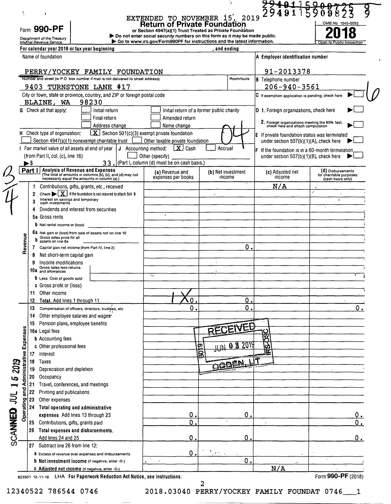 Image of first page of 2018 Form 990PF for Perry Yockey Family Foundation