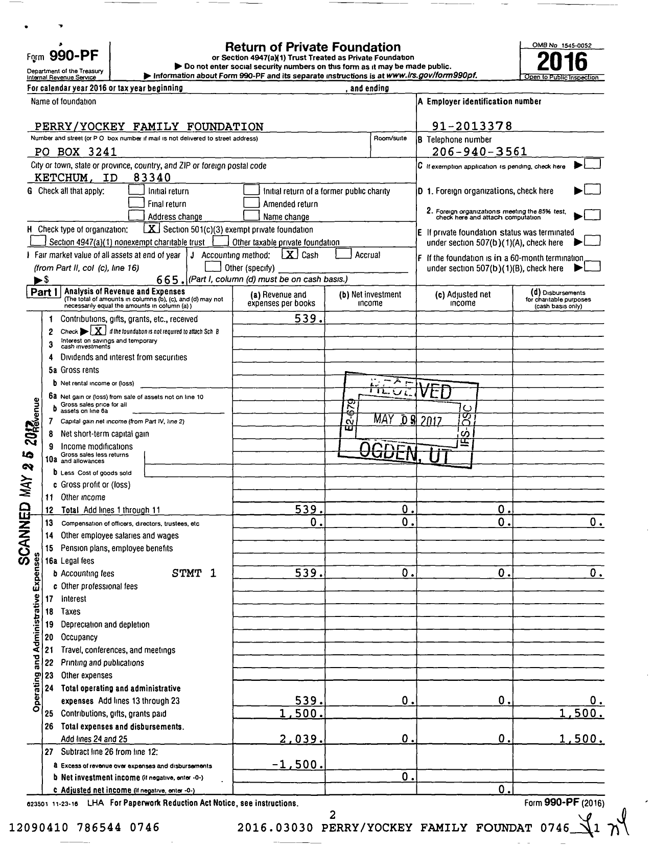 Image of first page of 2016 Form 990PF for Perry Yockey Family Foundation