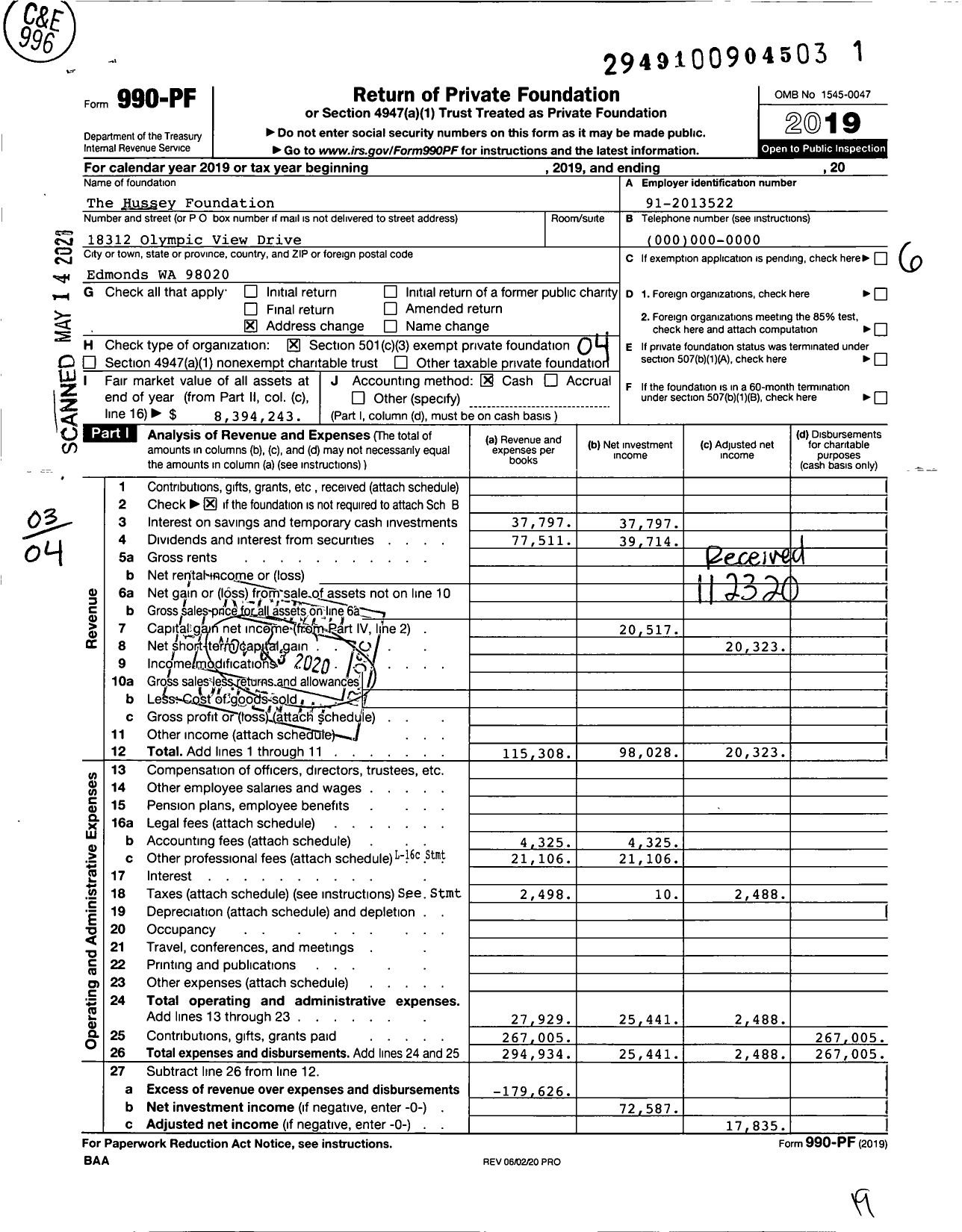 Image of first page of 2019 Form 990PF for Hussey Foundation