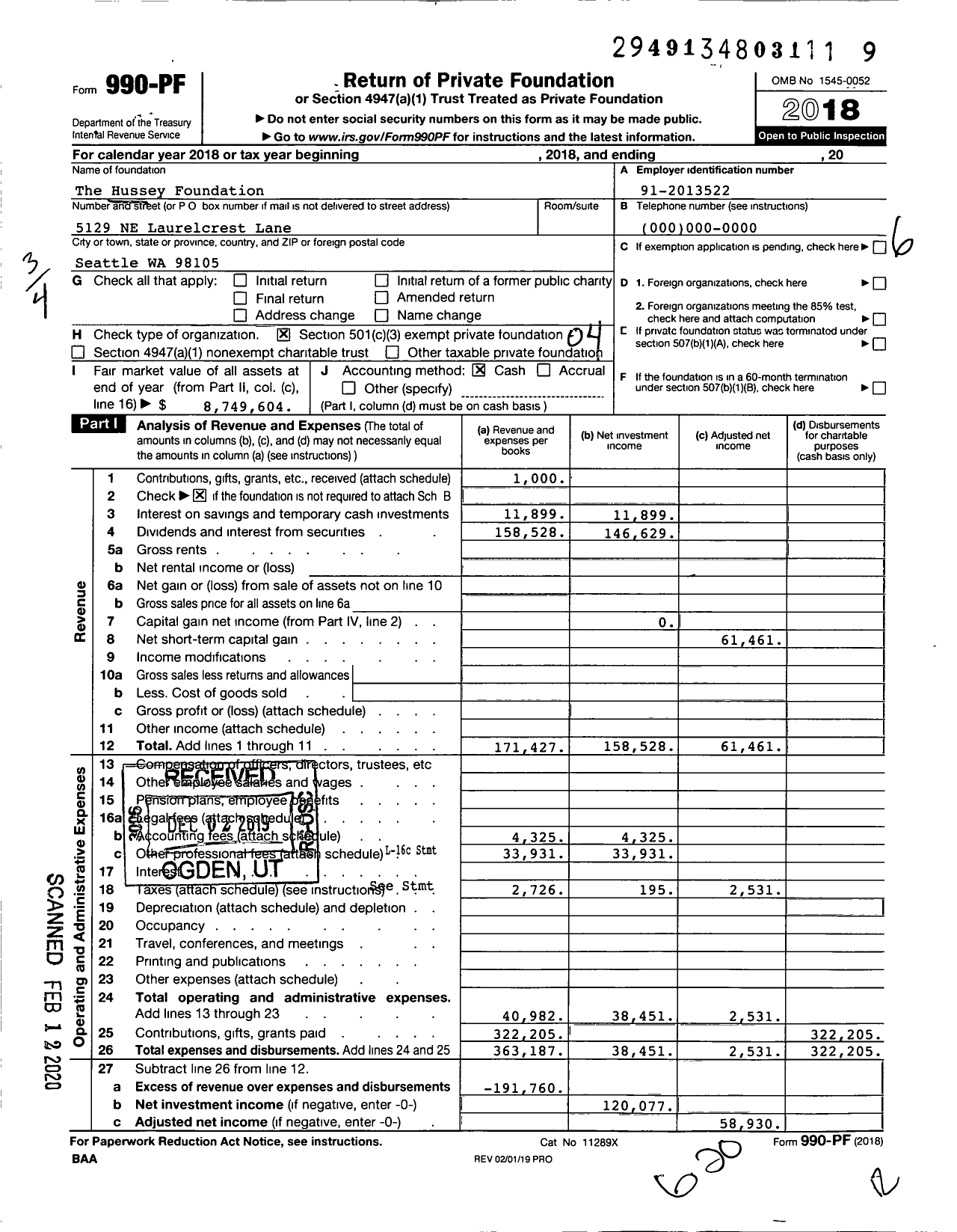 Image of first page of 2018 Form 990PF for Hussey Foundation