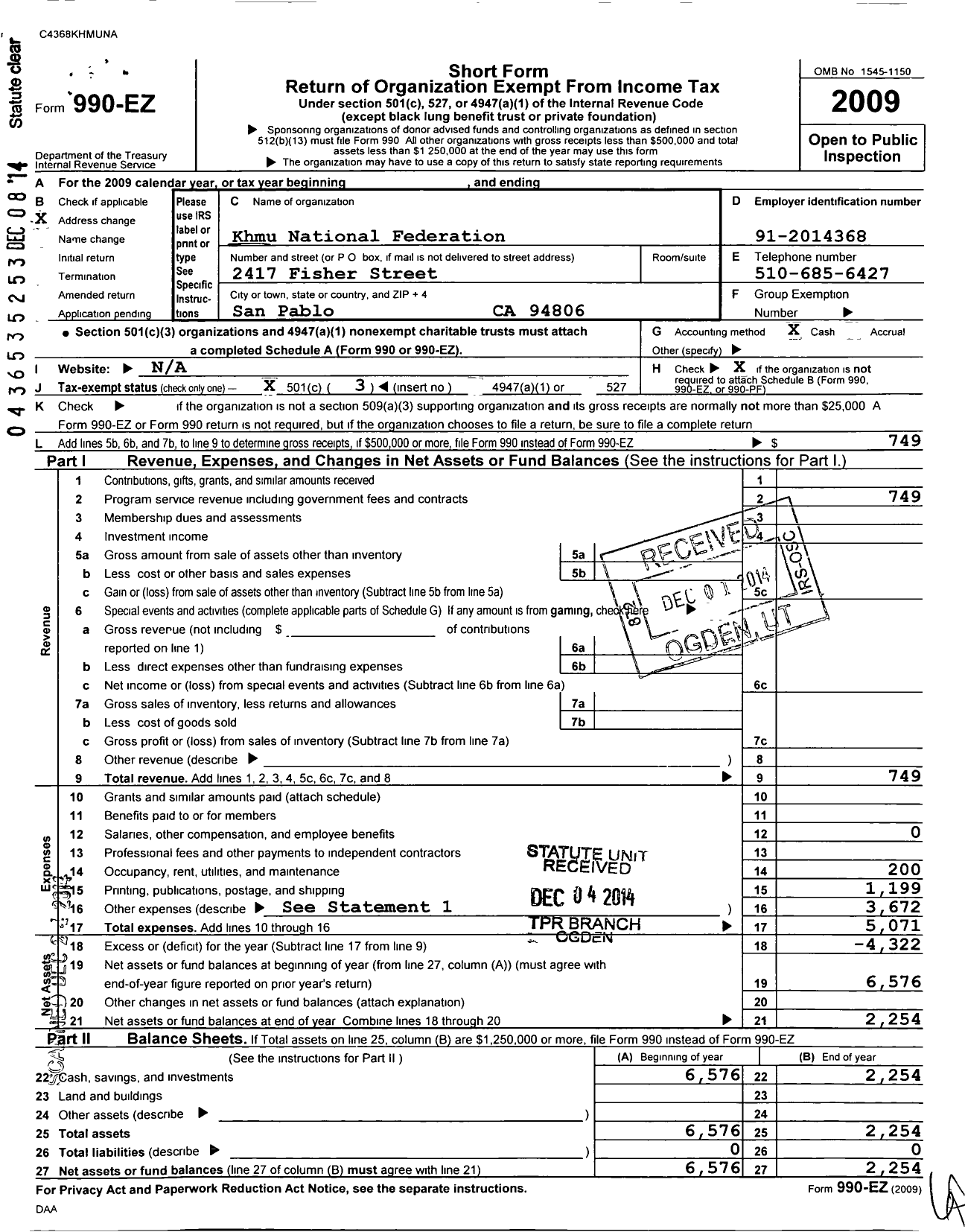 Image of first page of 2009 Form 990EZ for Khmu National Federation