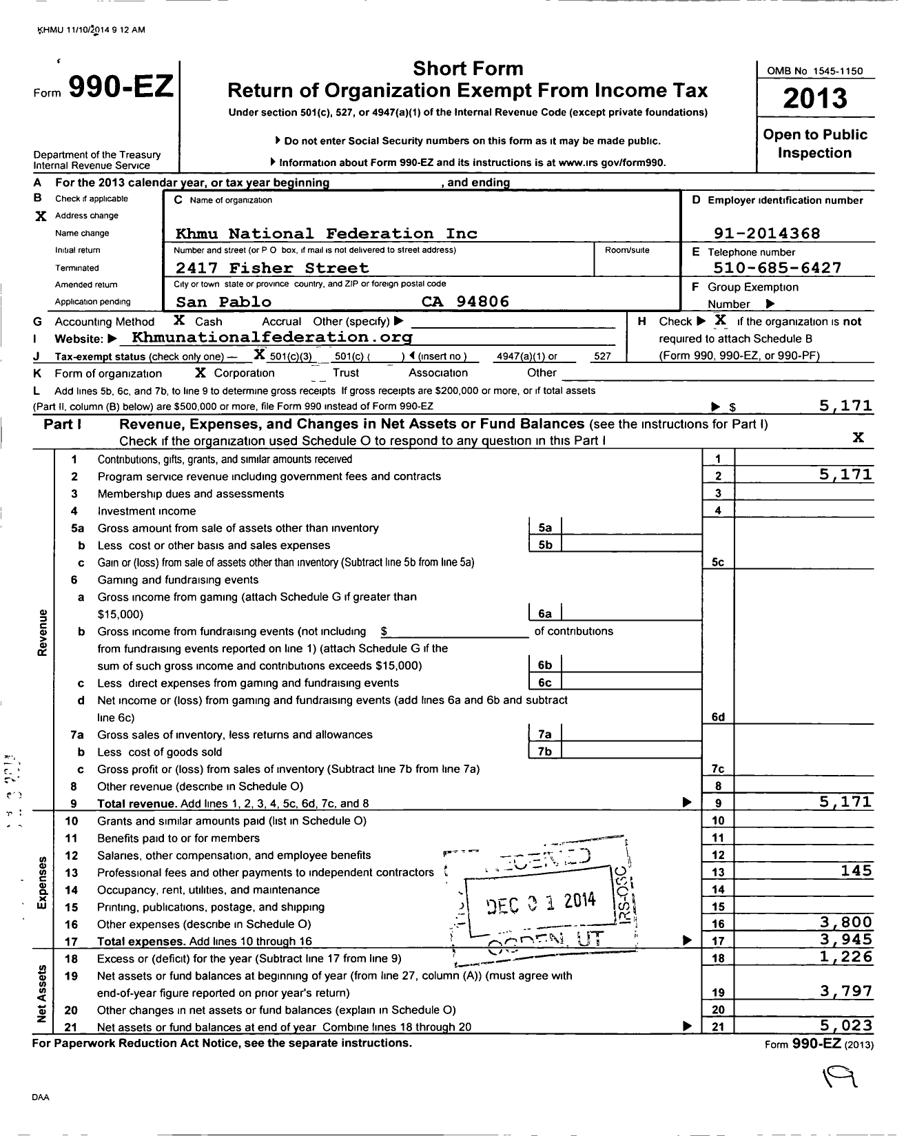 Image of first page of 2013 Form 990EZ for Khmu National Federation