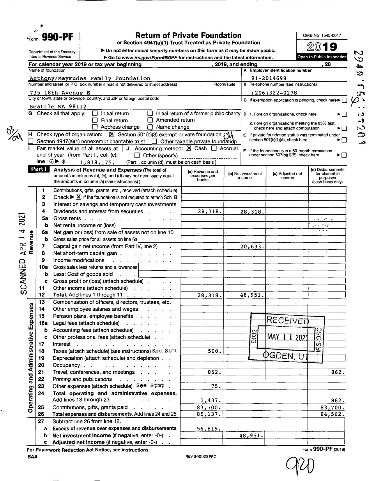 Image of first page of 2019 Form 990PF for Anthony-Maymudes Family Foundation