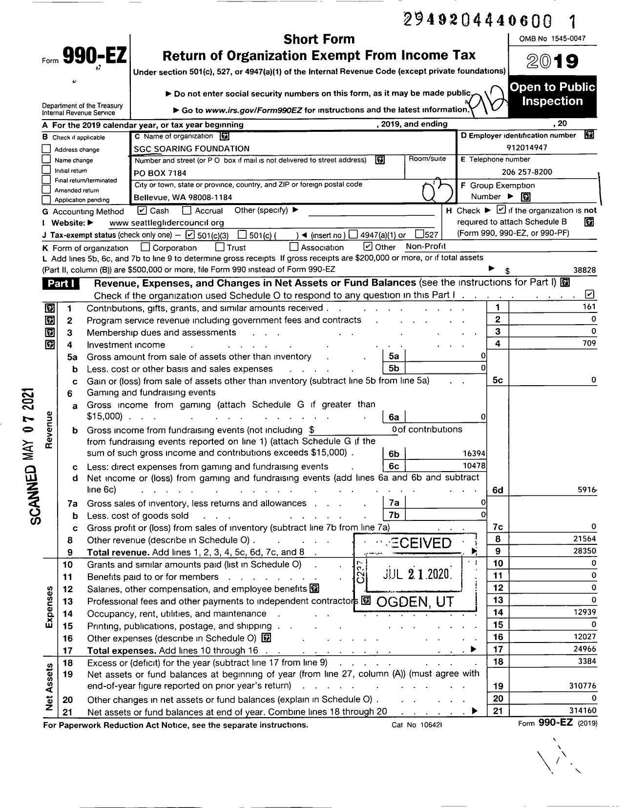 Image of first page of 2019 Form 990EZ for SGC Soaring Foundation