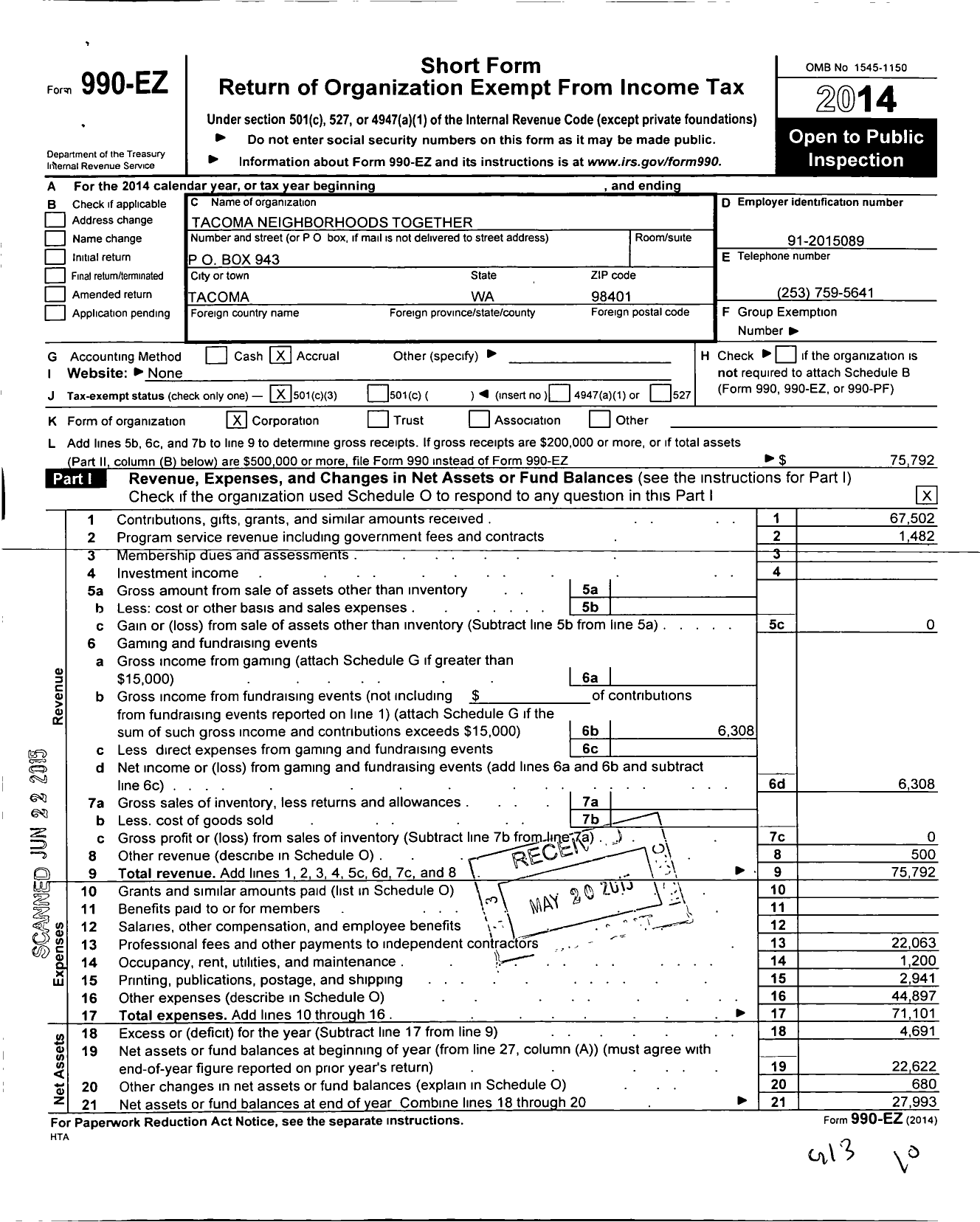 Image of first page of 2014 Form 990EZ for Tacoma Neighborhoods Together