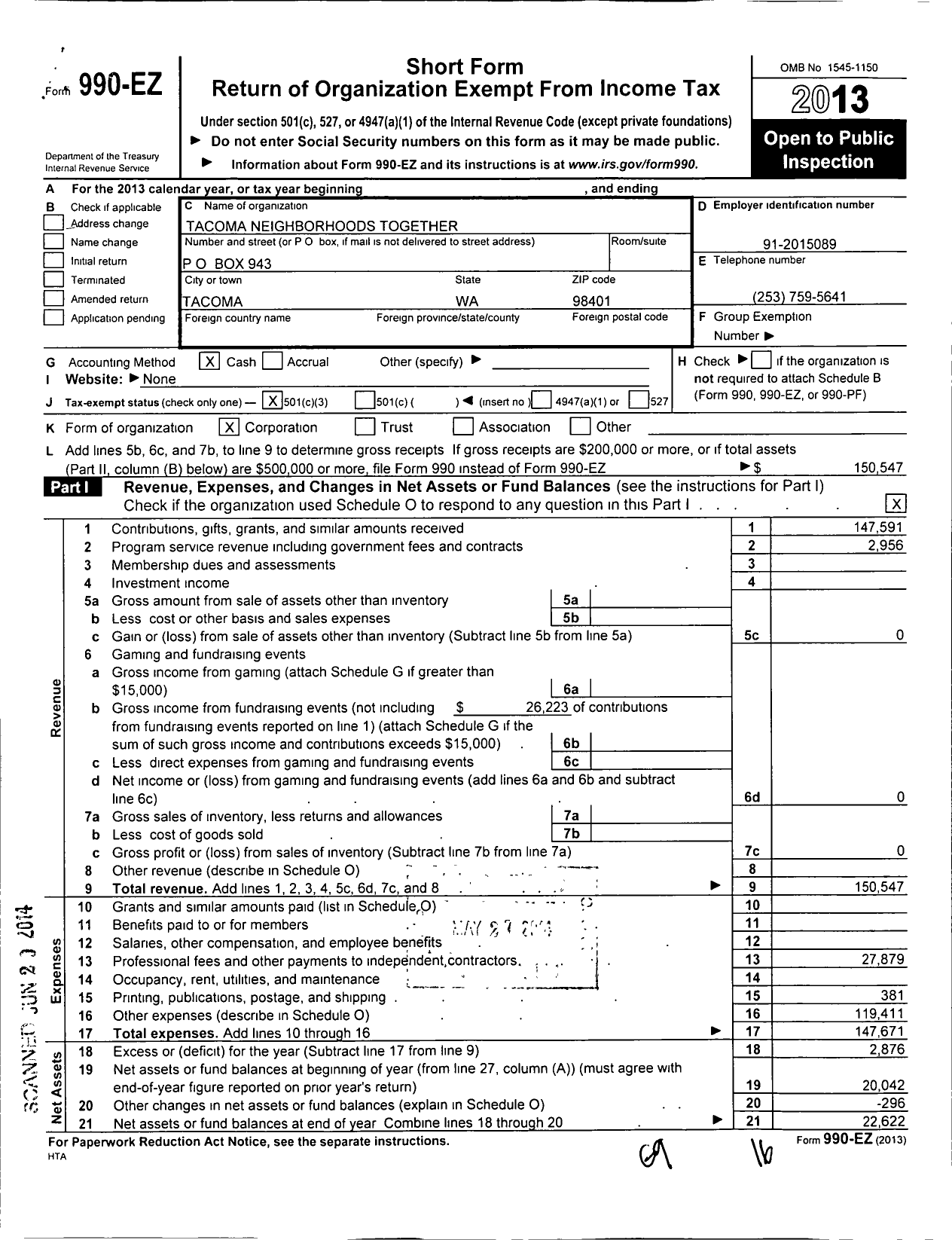 Image of first page of 2013 Form 990EZ for Tacoma Neighborhoods Together