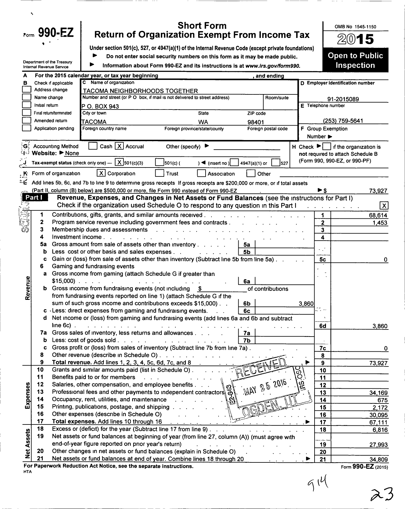 Image of first page of 2015 Form 990EZ for Tacoma Neighborhoods Together