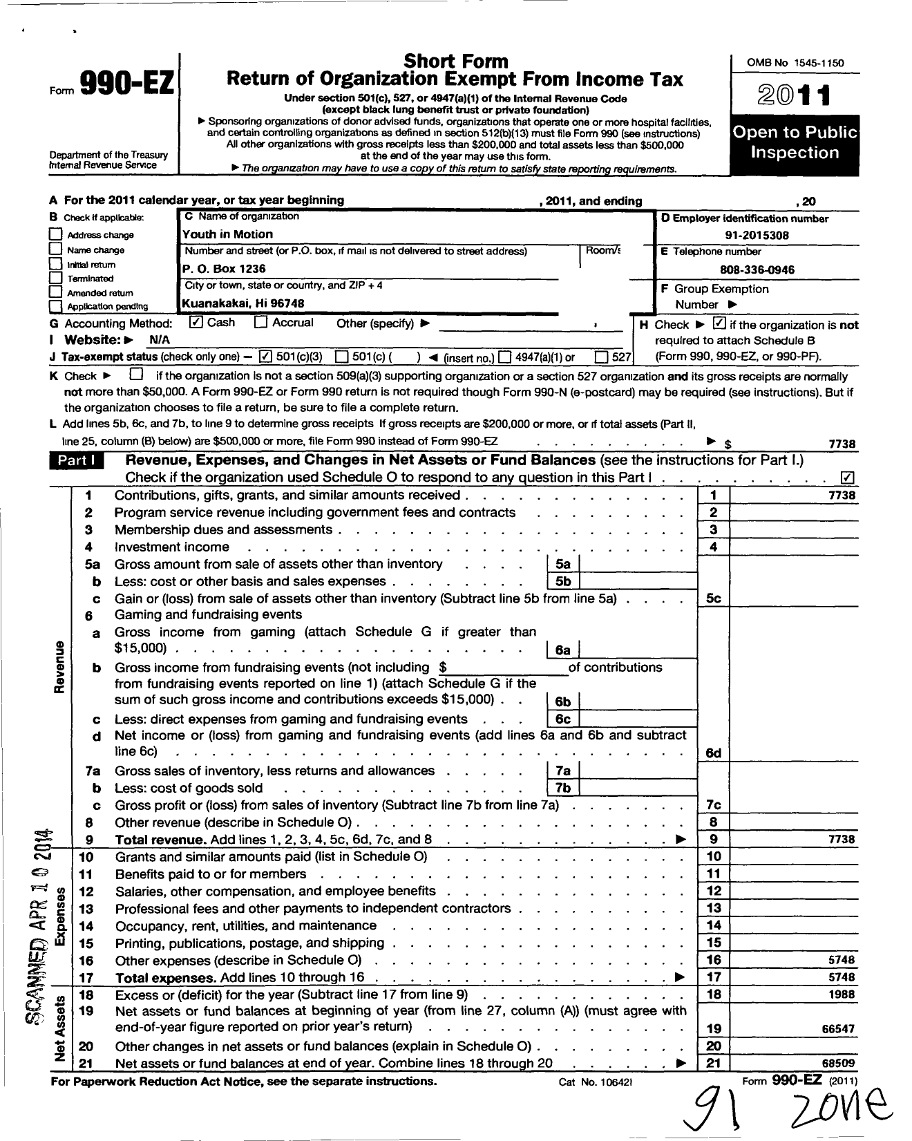 Image of first page of 2011 Form 990EZ for Youth in Motion