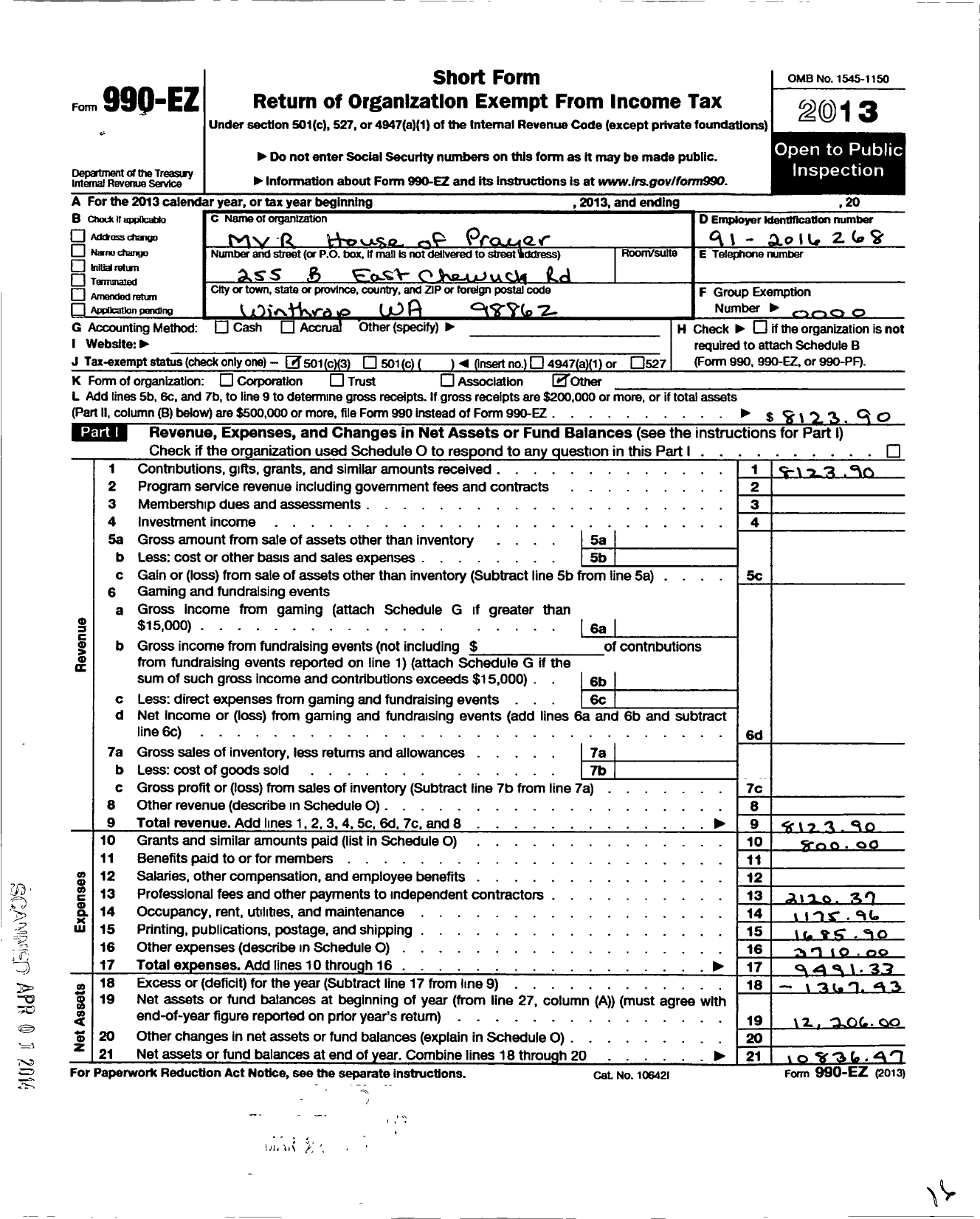 Image of first page of 2013 Form 990EZ for MVR House of Prayer