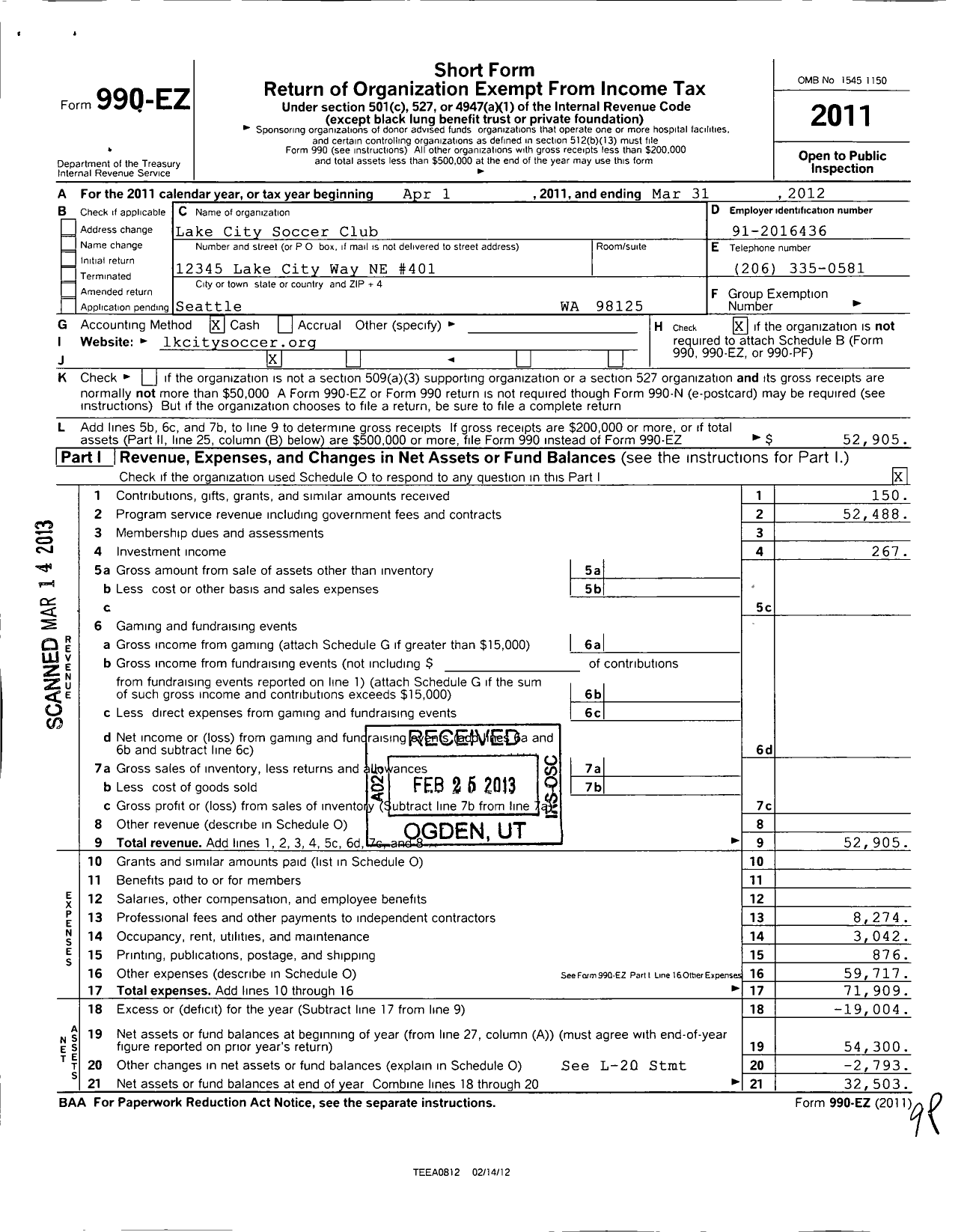 Image of first page of 2011 Form 990EO for Lake City Soccer Club