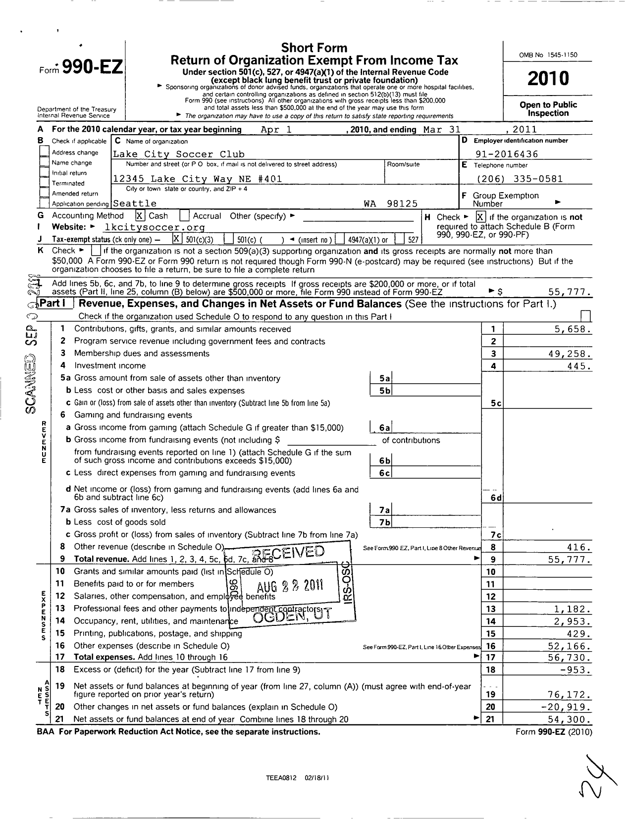 Image of first page of 2010 Form 990EZ for Lake City Soccer Club