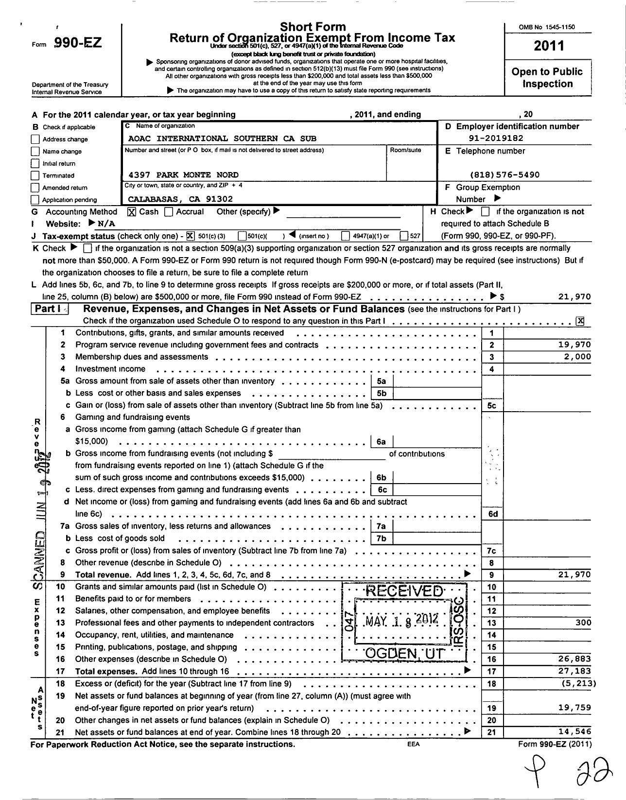 Image of first page of 2011 Form 990EZ for Aoac International / Southern Ca Subsection Pacific Regi