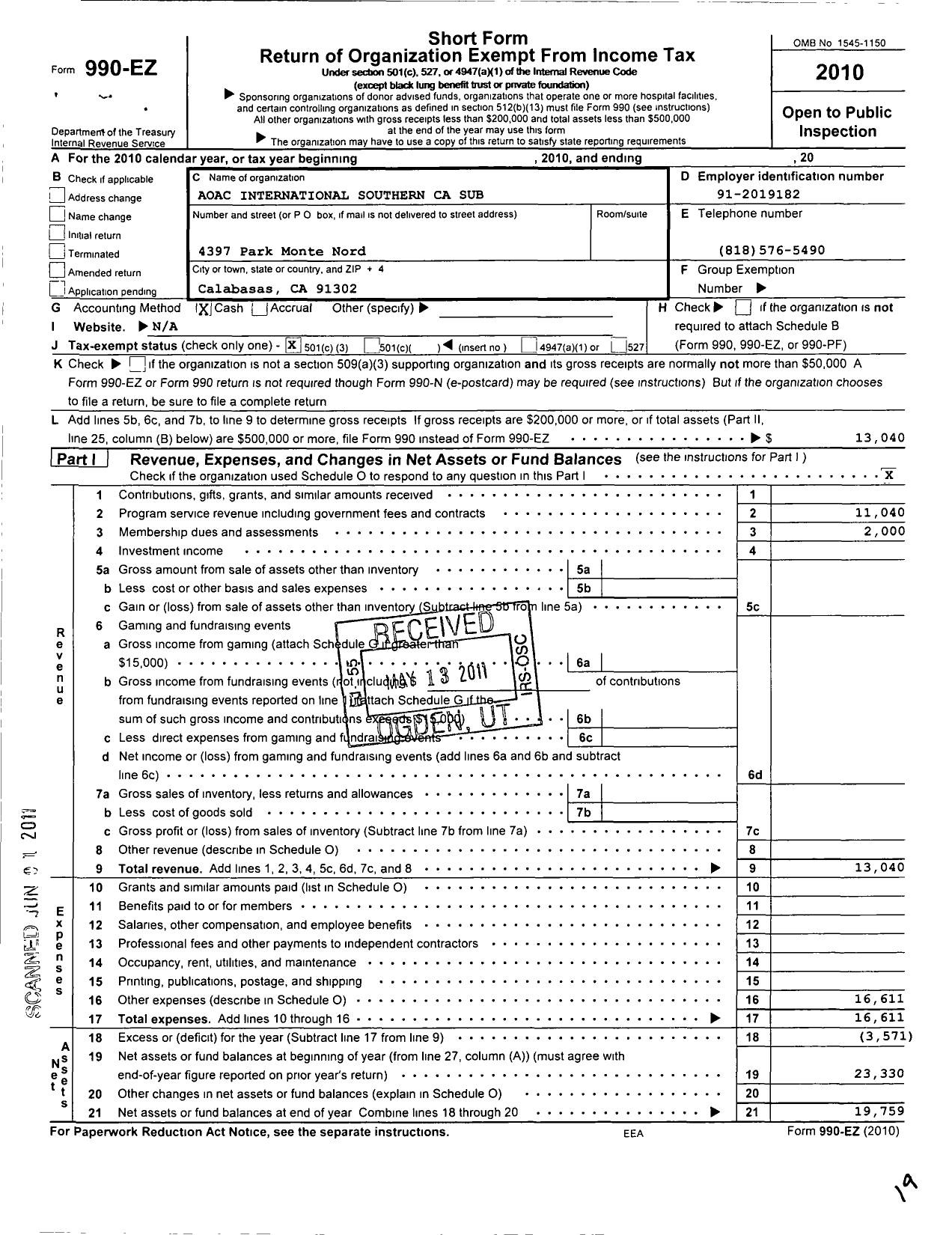 Image of first page of 2010 Form 990EZ for Aoac International / Southern Ca Subsection Pacific Regi