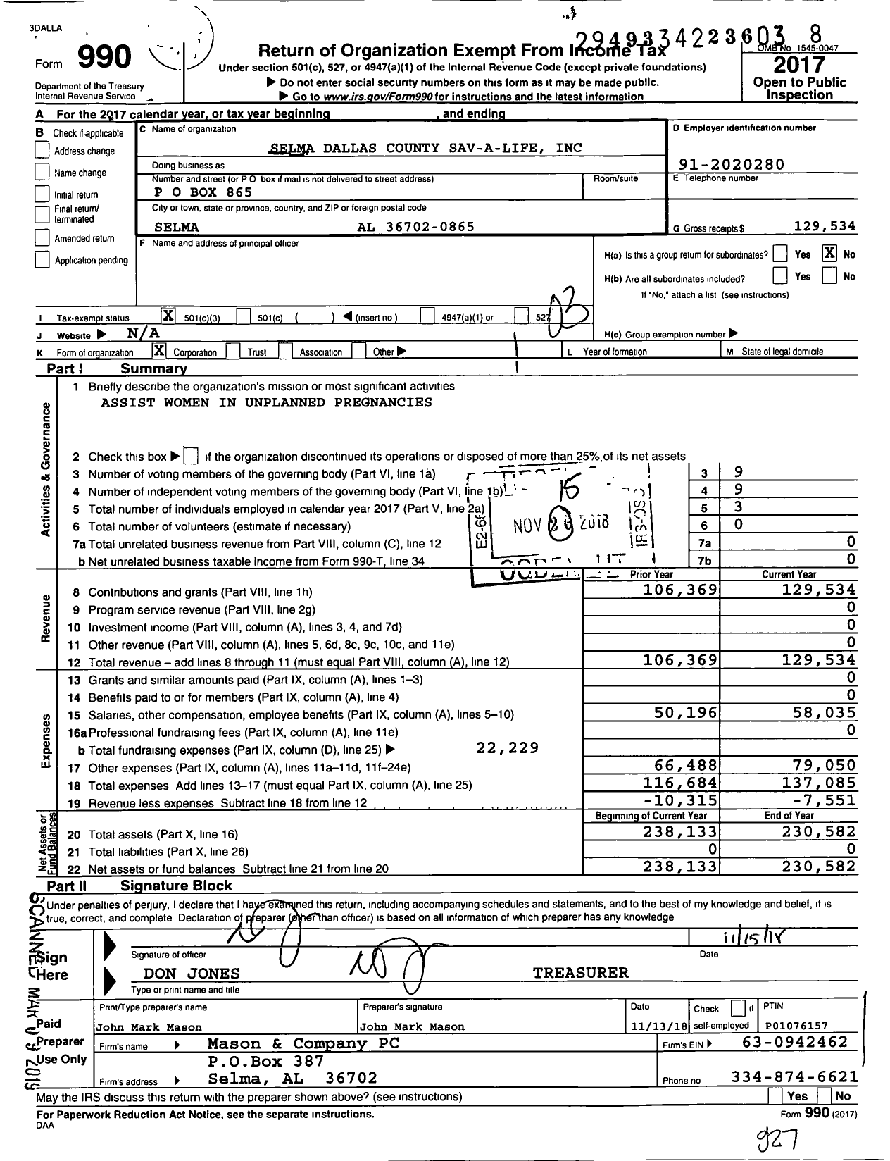 Image of first page of 2017 Form 990 for Selma Dallas County Sav-A-Life