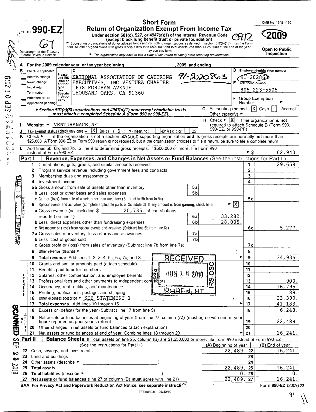 Image of first page of 2009 Form 990EO for National Association for Catering and Events / Ventura Chapter