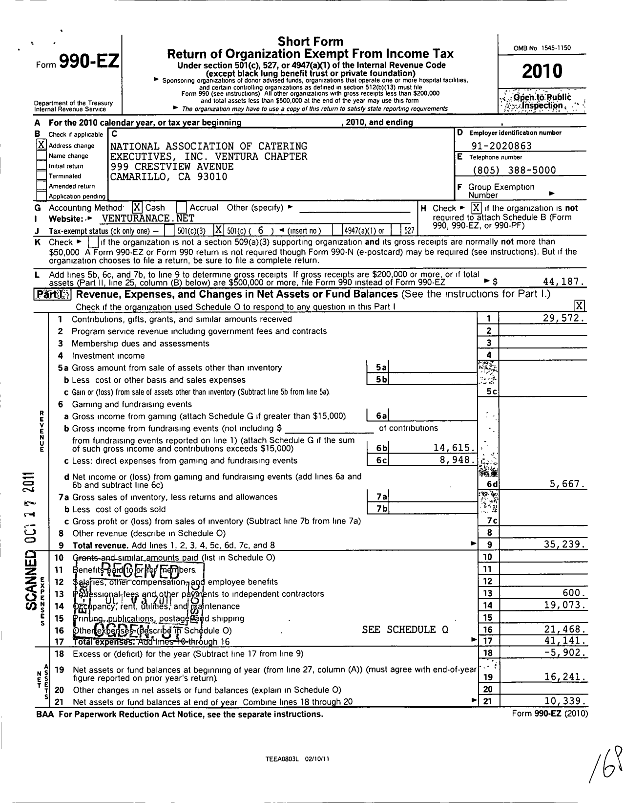 Image of first page of 2010 Form 990EO for National Association for Catering and Events / Ventura Chapter