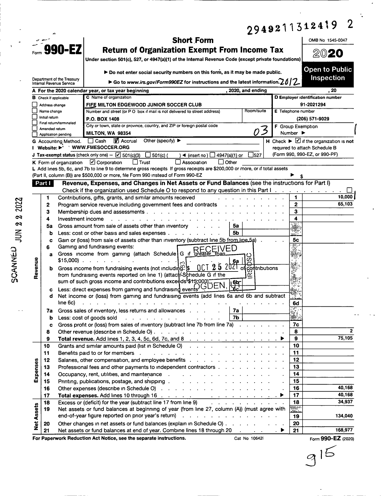 Image of first page of 2020 Form 990EZ for Fife Milton Edgewood Junior Soccer Club