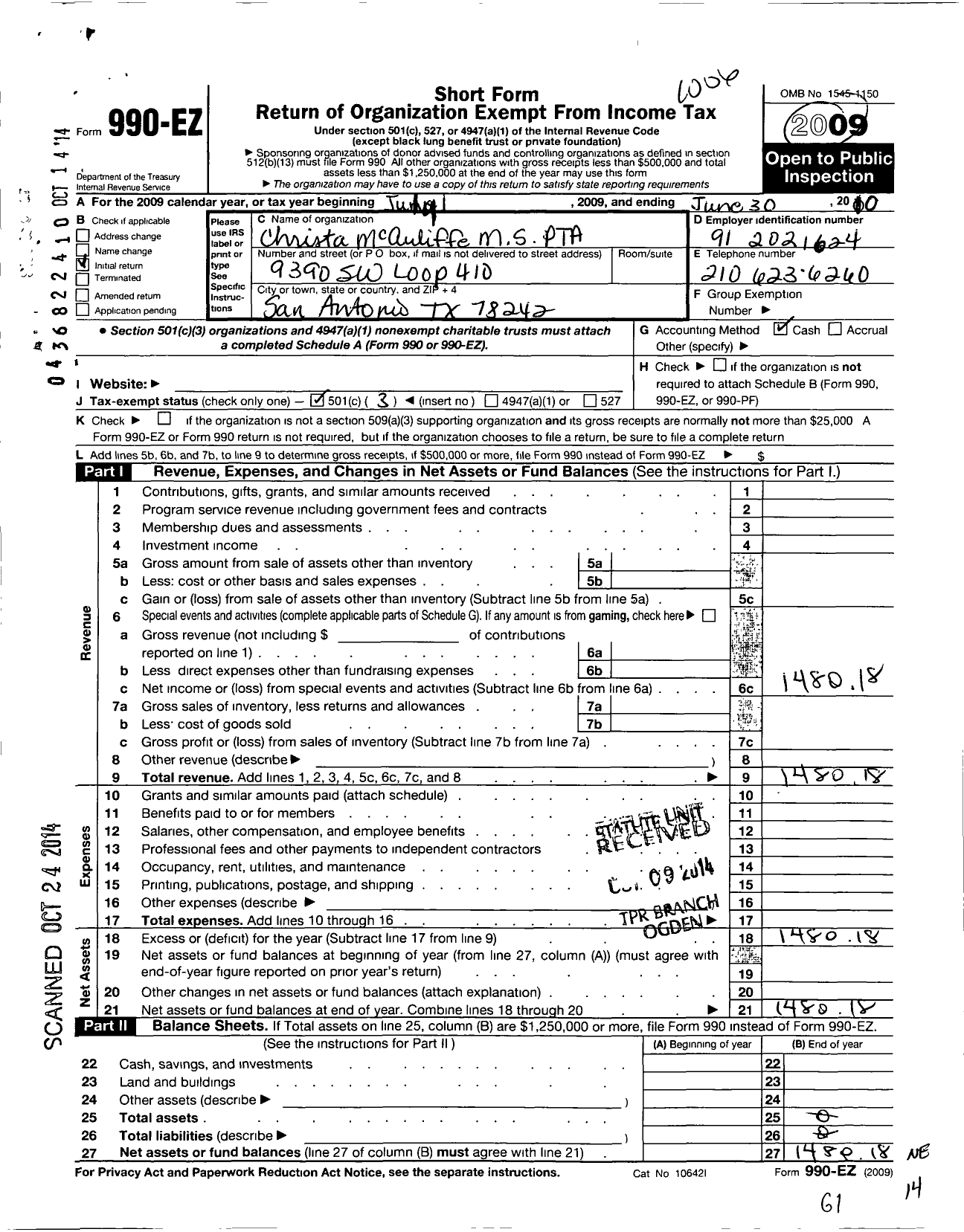 Image of first page of 2009 Form 990EZ for Texas PTA - Christa Mcauliffe Middle