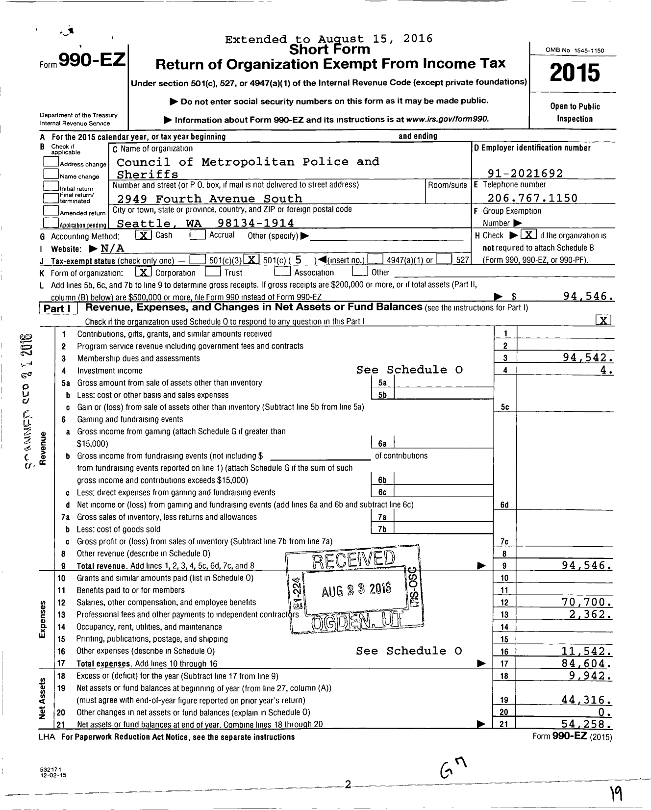 Image of first page of 2015 Form 990EO for Council of Metropolitan Police and Sheriffs (COMPAS)