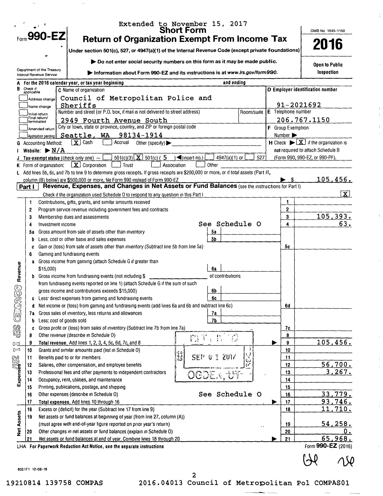 Image of first page of 2016 Form 990EO for Council of Metropolitan Police and Sheriffs (COMPAS)