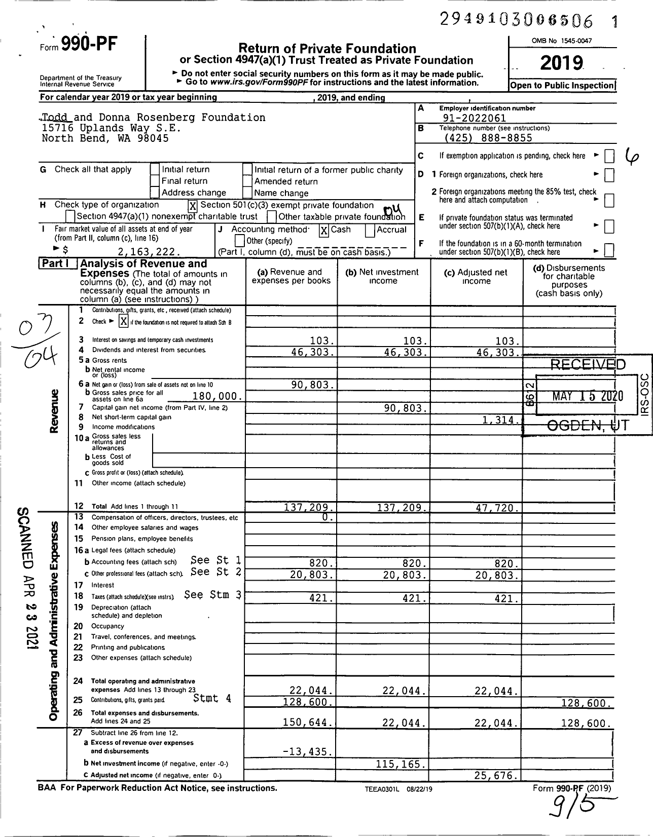 Image of first page of 2019 Form 990PF for Todd and Donna Rosenberg Foundation