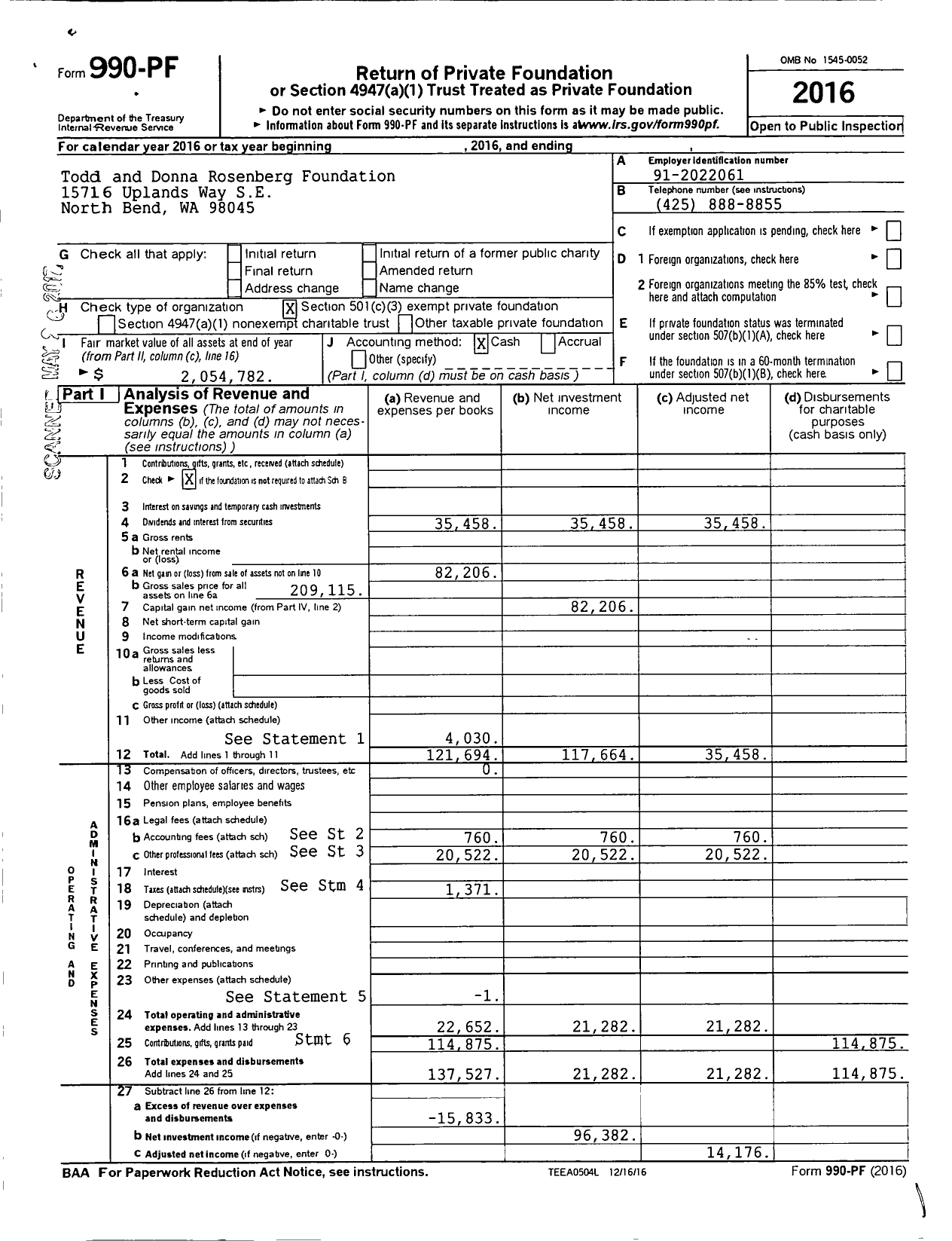 Image of first page of 2016 Form 990PF for Todd and Donna Rosenberg Foundation