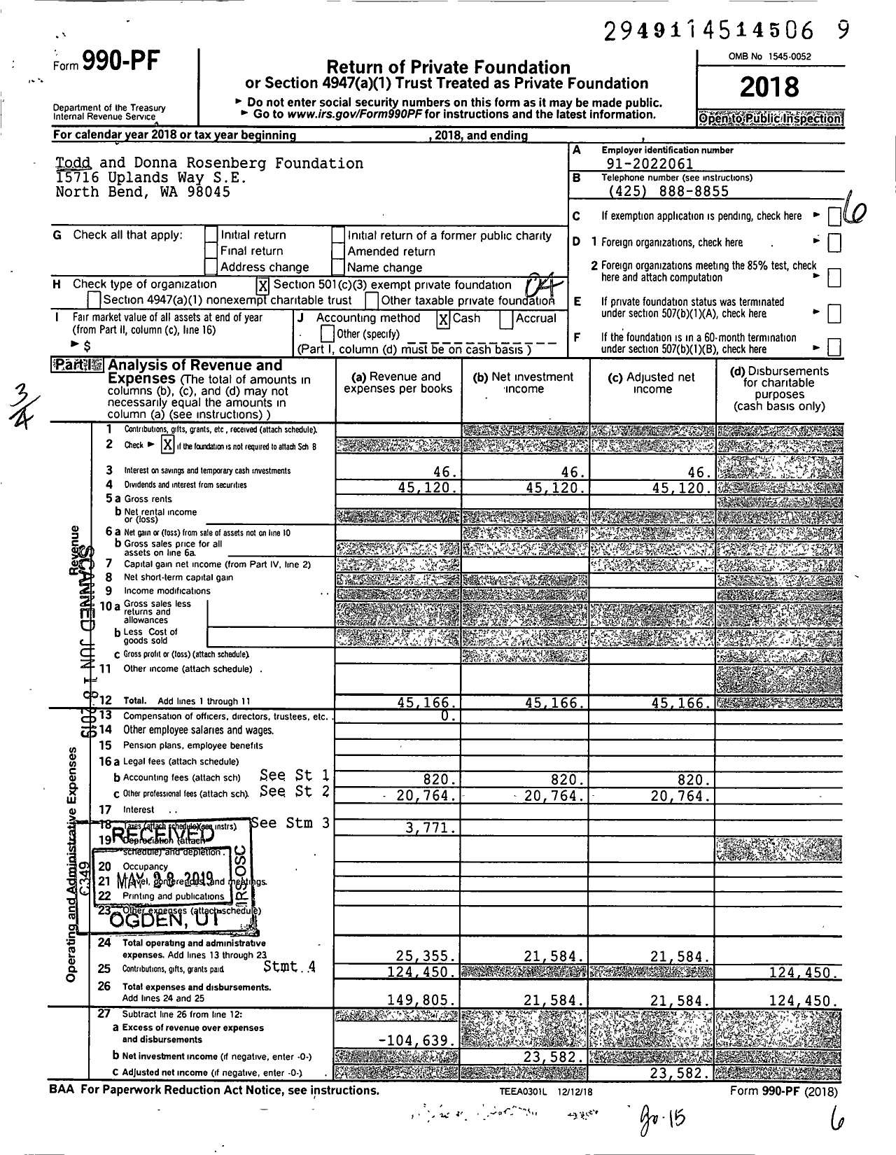 Image of first page of 2018 Form 990PF for Todd and Donna Rosenberg Foundation