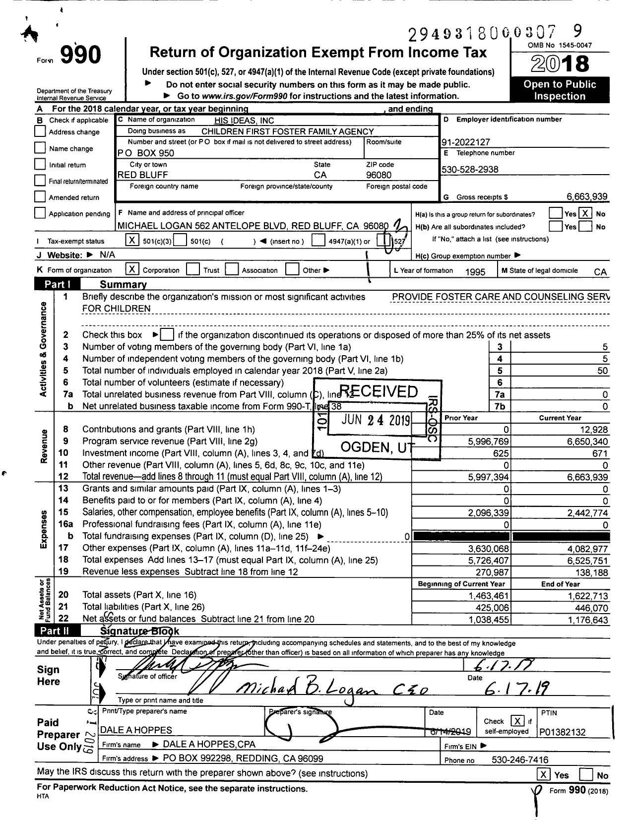 Image of first page of 2018 Form 990 for Children First Foster Family Agency