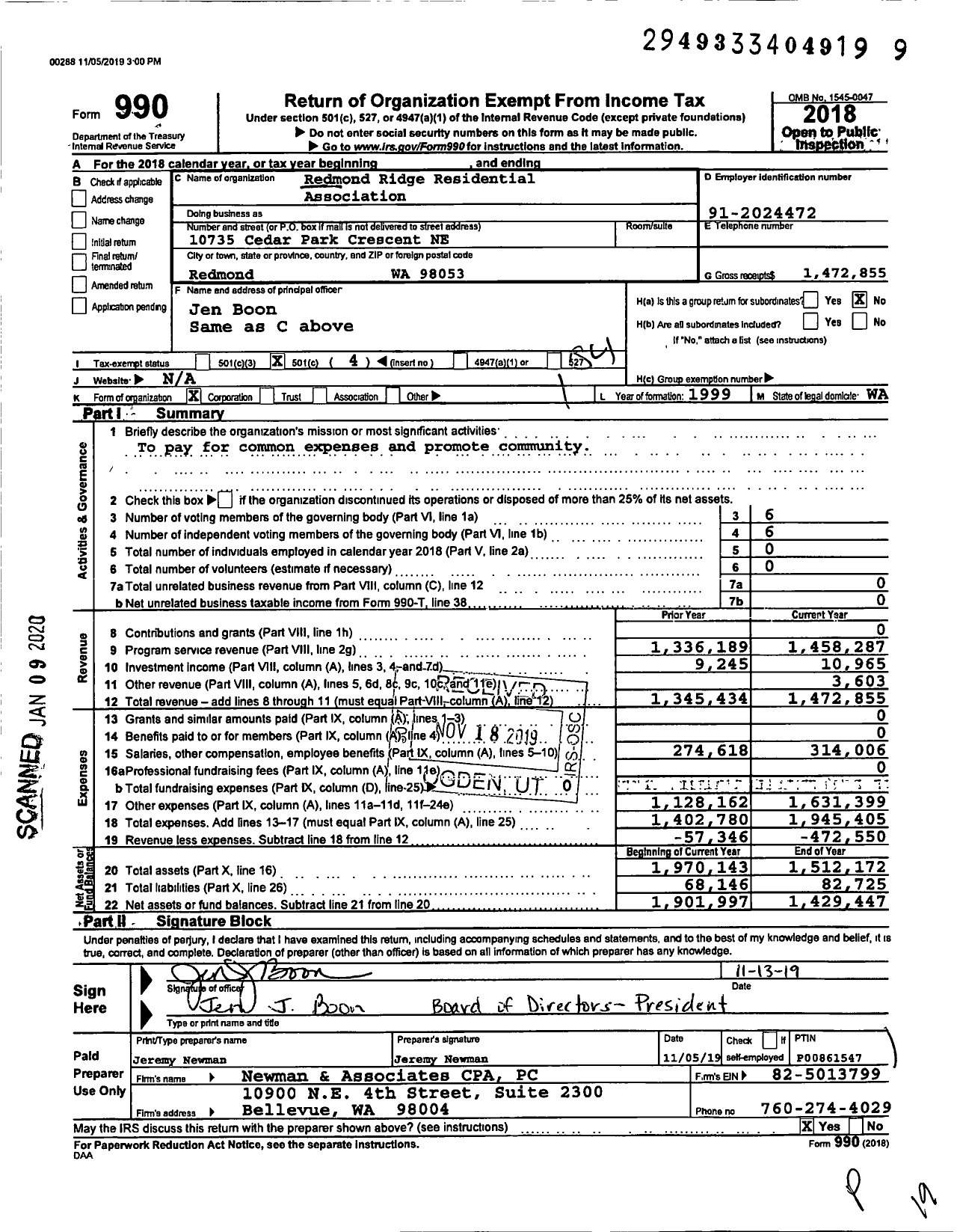 Image of first page of 2018 Form 990O for Redmond Ridge Residential Association