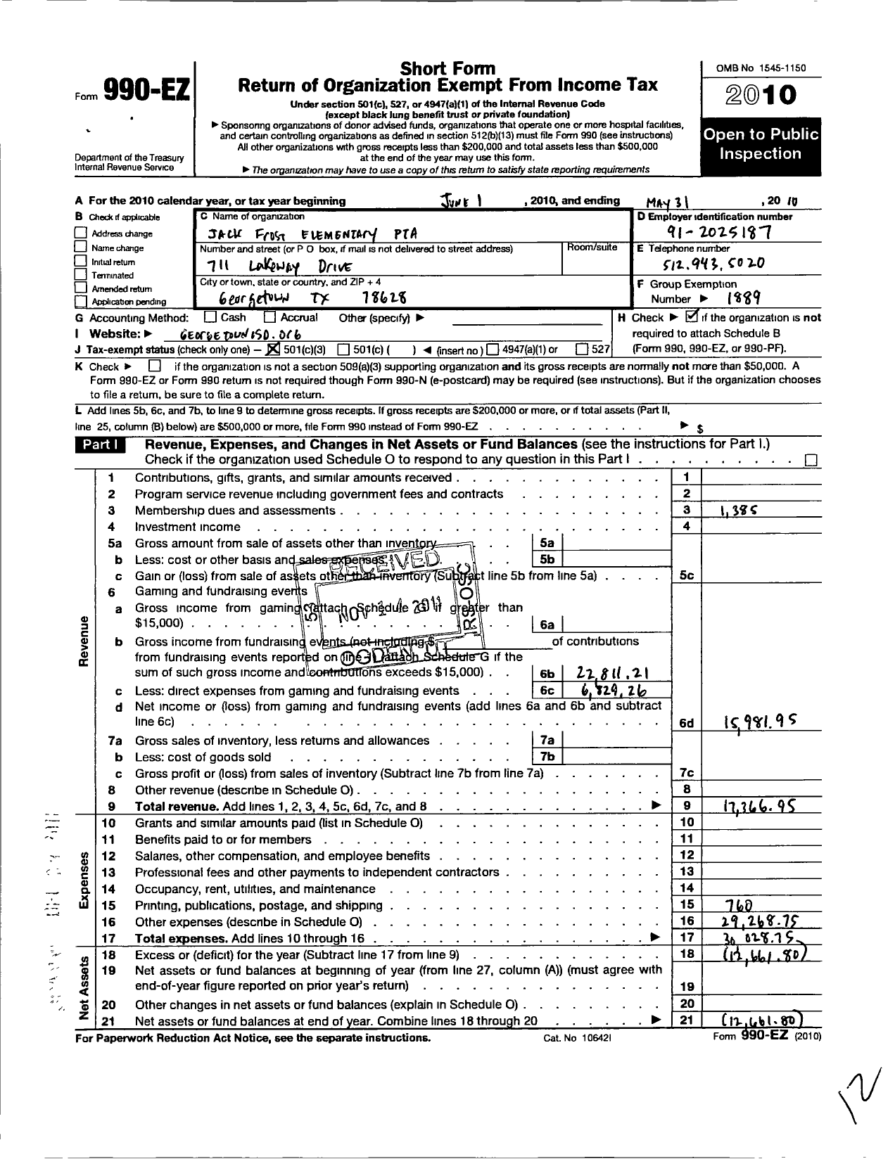 Image of first page of 2009 Form 990EZ for Texas PTA - 4283 Jack Frost Elementary