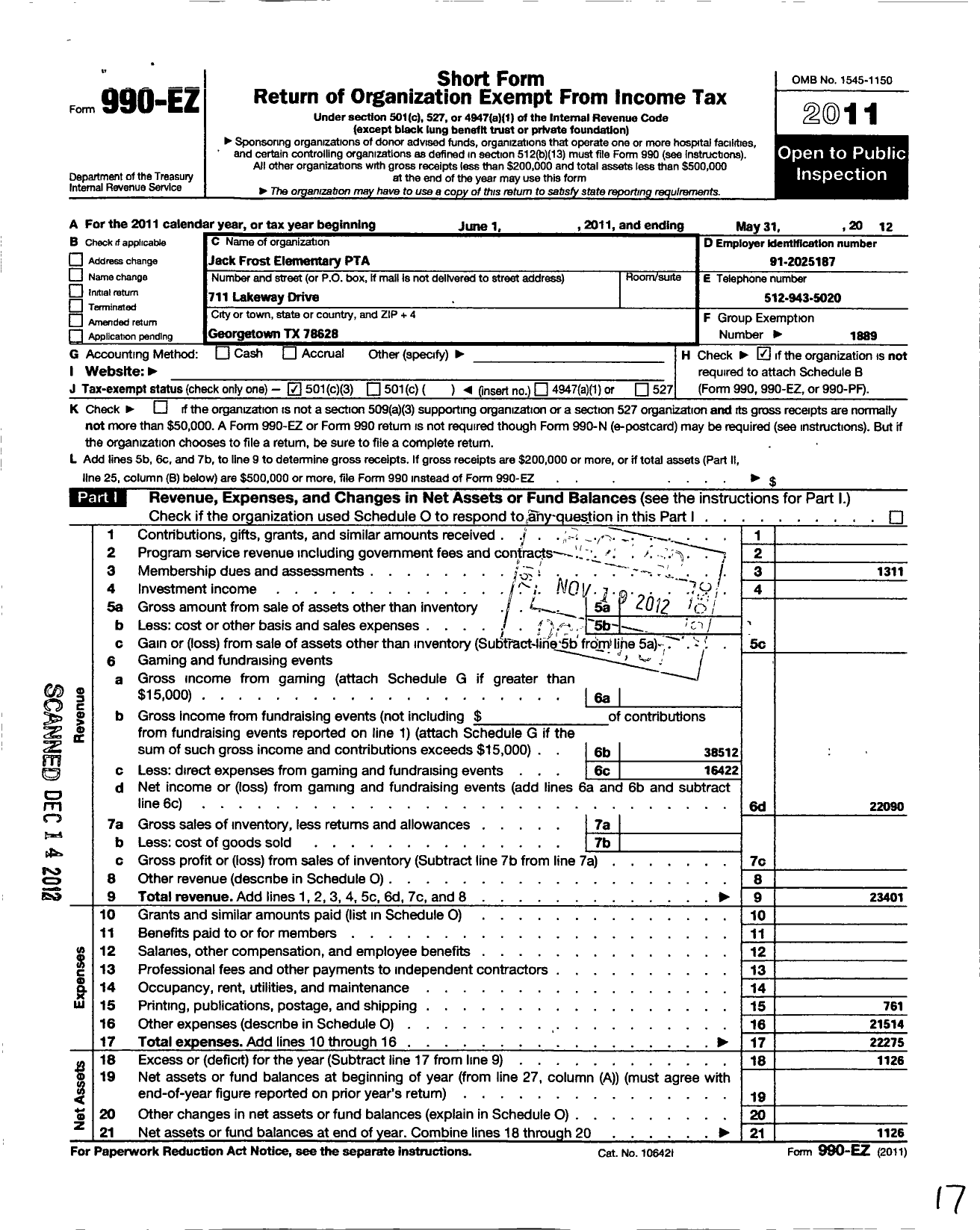Image of first page of 2011 Form 990EZ for Texas PTA - 4283 Jack Frost Elementary